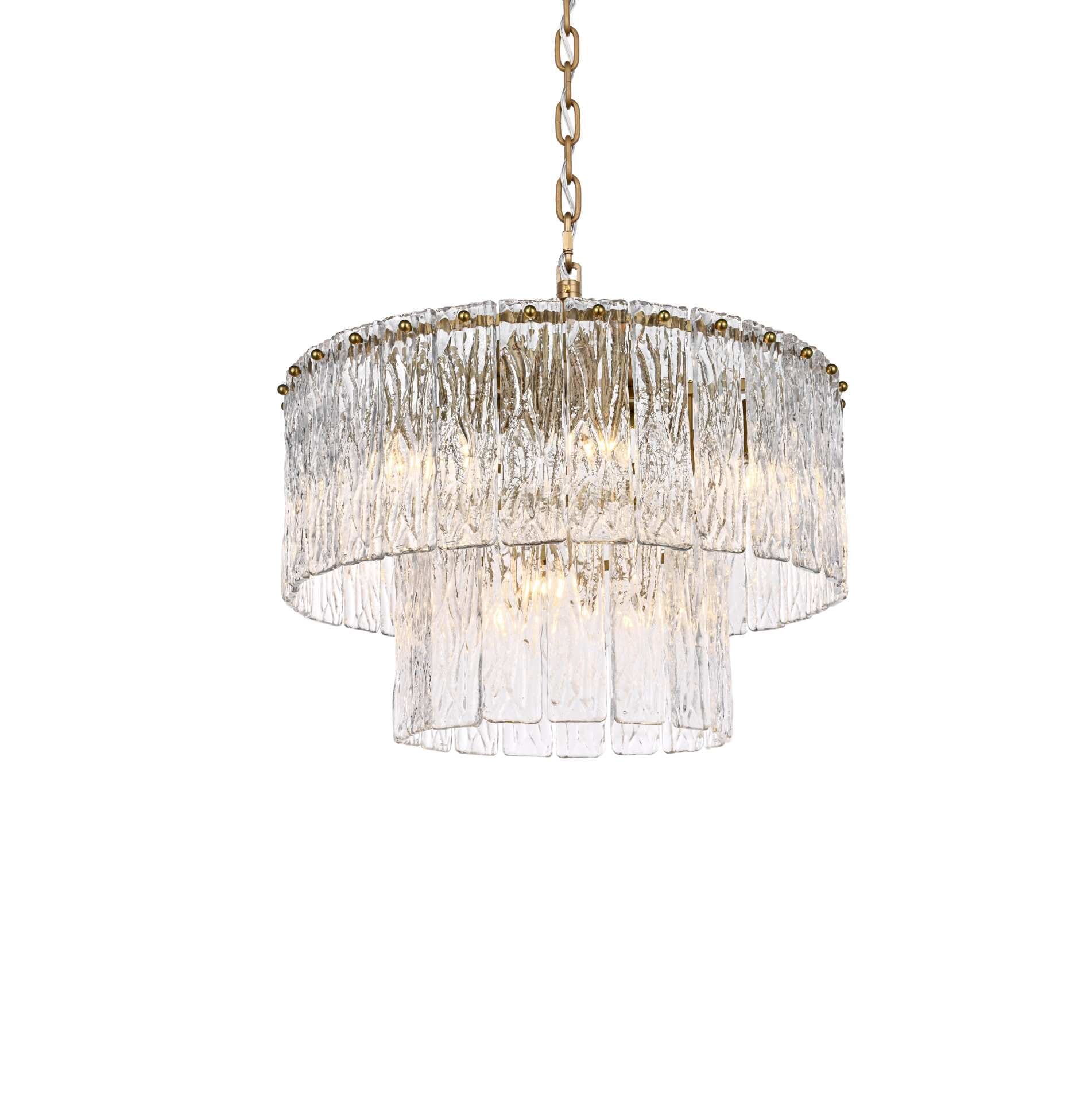 Dimensions
Chain/Rod Length: 59"
Length: 20"
Width: 20"
Height: 13"
Maximum Height: 79"
Wire Length: 142"
Specifications
Assembly Required: yes
Bulb Included: No
Crystal/Glass Color: Clear
Dimmable: Yes
Distressed Finish: No
Dry/Wet/Damp: Dry
ETL: Yes
Finish (Color): Satin Gold and Clear
Fixture Material: Iron and Glass
Hanging Device: Chain
Hardware Finish: Satin Gold
Harware Material: Iron
Max/Nominal Watt: 360W
Number of Lights: 9
Product Shape: Round
Product Type: Chandeliers
Product Warranty: 1 year limited
Socket Type: E12
Voltage: 110V - 125V
Wattage/Bulb: 40W
Weight: 25
Wire Included: Yes
Shipment type: Small parcel - alternate view