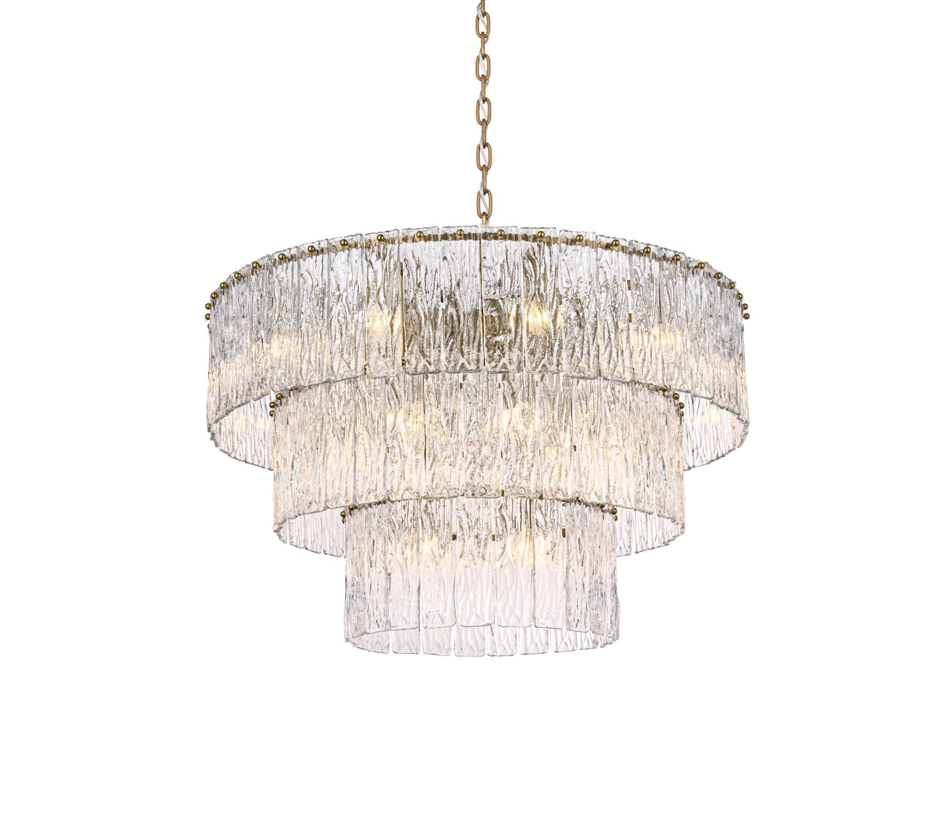 Dimensions
Chain/Rod Length: 59"
Length: 32"
Width: 32"
Height: 20"
Maximum Height: 88"
Wire Length: 142"
Specifications
Assembly Required: yes
Bulb Included: No
Crystal/Glass Color: Clear
Dimmable: Yes
Distressed Finish: No
Dry/Wet/Damp: Dry
ETL: Yes
Finish (Color): Satin Gold and Clear
Fixture Material: Iron and Glass
Hanging Device: Chain
Hardware Finish: Satin Gold
Harware Material: Iron
Max/Nominal Watt: 880W
Number of Lights: 22
Product Shape: Round
Product Type: Chandeliers
Product Warranty: 1 year limited
Socket Type: E12
Voltage: 110V - 125V
Wattage/Bulb: 40W
Weight: 54
Wire Included: Yes
Shipment type: Small parcel - alternate view