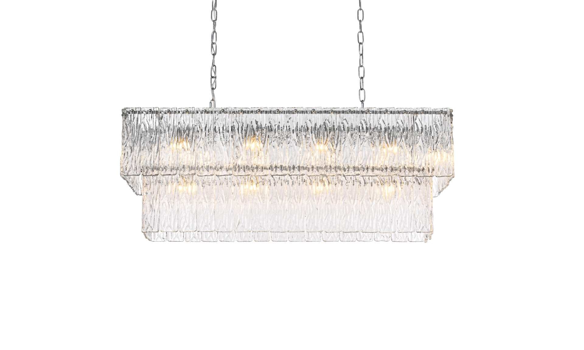 Dimensions
Chain/Rod Length: 59"
Length: 36"
Width: 11"
Height: 14"
Maximum Height: 79"
Wire Length: 142"
Specifications
Assembly Required: yes
Bulb Included: No
Crystal/Glass Color: Clear
Dimmable: Yes
Distressed Finish: No
Dry/Wet/Damp: Dry
ETL: Yes
Finish (Color): Chrome and Clear
Fixture Material: Iron and Glass
Hanging Device: Chain
Hardware Finish: Chrome
Harware Material: Iron
Max/Nominal Watt: 560W
Number of Lights: 14
Product Shape: Rectangle
Product Type: Chandeliers
Product Warranty: 1 year limited
Socket Type: E12
Voltage: 110V - 125V
Wattage/Bulb: 40W
Weight: 44
Wire Included: Yes
Shipment type: Small parcel - alternate view