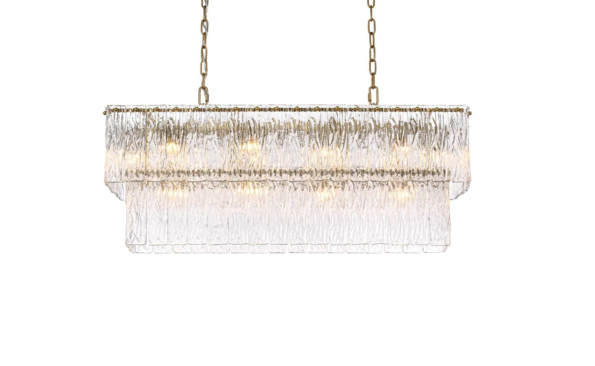 Dimensions
Chain/Rod Length: 59"
Length: 36"
Width: 11"
Height: 14"
Maximum Height: 79"
Wire Length: 142"
Specifications
Assembly Required: yes
Bulb Included: No
Crystal/Glass Color: Clear
Dimmable: Yes
Distressed Finish: No
Dry/Wet/Damp: Dry
ETL: Yes
Finish (Color): Satin Gold and Clear
Fixture Material: Iron and Glass
Hanging Device: Chain
Hardware Finish: Satin Gold
Harware Material: Iron
Max/Nominal Watt: 560W
Number of Lights: 14
Product Shape: Rectangle
Product Type: Chandeliers
Product Warranty: 1 year limited
Socket Type: E12
Voltage: 110V - 125V
Wattage/Bulb: 40W
Weight: 44
Wire Included: Yes
Shipment type: Small parcel - alternate view