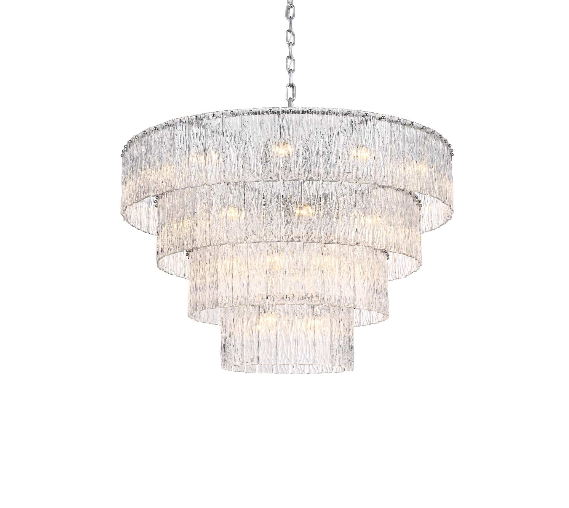 Dimensions
Chain/Rod Length: 59"
Length: 40"
Width: 40"
Height: 26"
Maximum Height: 94"
Wire Length: 142"
Specifications
Assembly Required: yes
Bulb Included: No
Crystal/Glass Color: Clear
Dimmable: Yes
Distressed Finish: No
Dry/Wet/Damp: Dry
ETL: Yes
Finish (Color): Chrome and Clear
Fixture Material: Iron and Glass
Hanging Device: Chain
Hardware Finish: Chrome
Harware Material: Iron
Max/Nominal Watt: 1360W
Number of Lights: 34
Product Shape: Round
Product Type: Chandeliers
Product Warranty: 1 year limited
Socket Type: E12
Voltage: 110V - 125V
Wattage/Bulb: 40W
Weight: 92
Wire Included: Yes
Shipment type: Oversize ground - alternate view