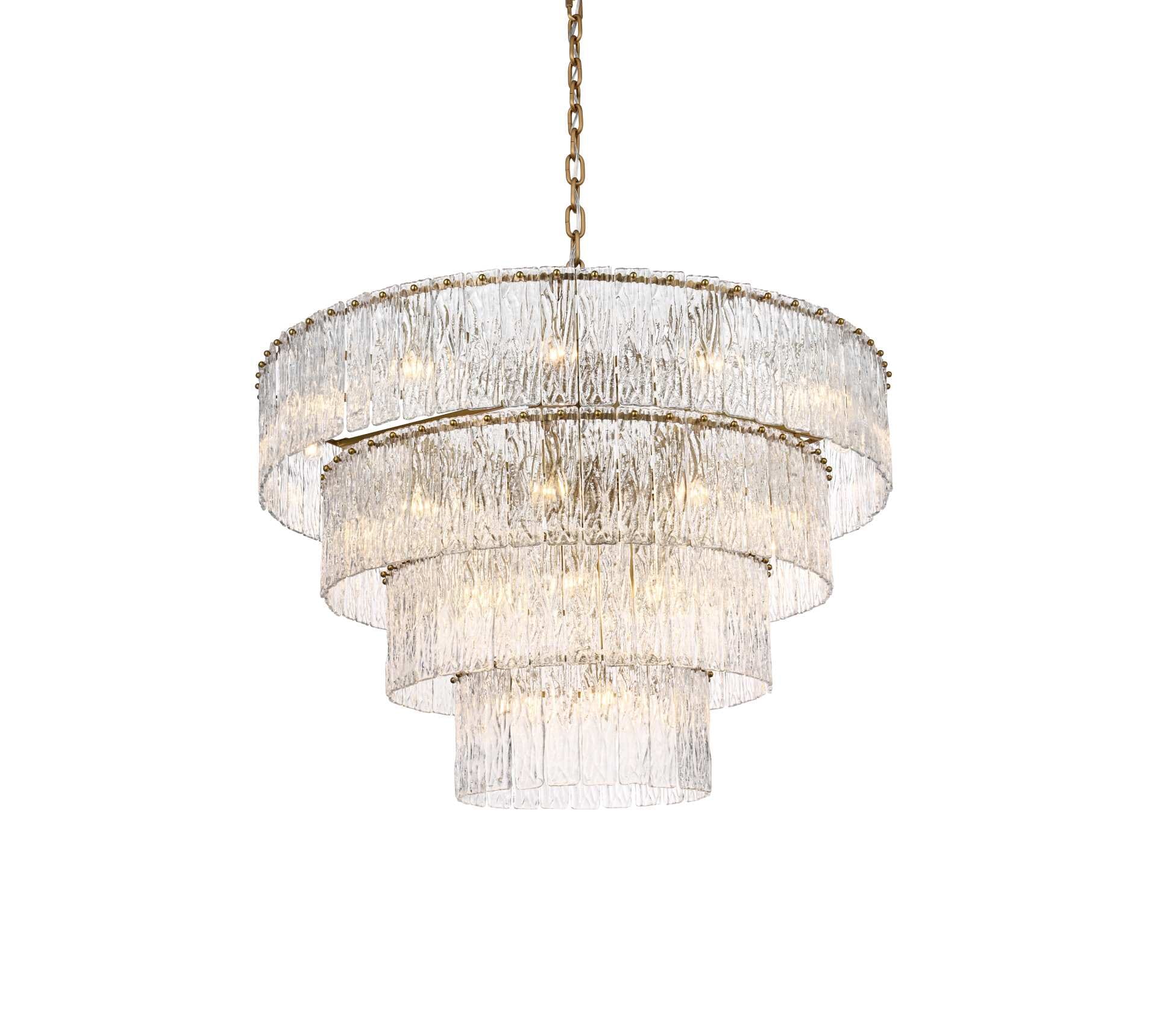 Dimensions
Chain/Rod Length: 59"
Length: 40"
Width: 40"
Height: 26"
Maximum Height: 94"
Wire Length: 142"
Specifications
Assembly Required: yes
Bulb Included: No
Crystal/Glass Color: Clear
Dimmable: Yes
Distressed Finish: No
Dry/Wet/Damp: Dry
ETL: Yes
Finish (Color): Satin Gold and Clear
Fixture Material: Iron and Glass
Hanging Device: Chain
Hardware Finish: Satin Gold
Harware Material: Iron
Max/Nominal Watt: 1360W
Number of Lights: 34
Product Shape: Round
Product Type: Chandeliers
Product Warranty: 1 year limited
Socket Type: E12
Voltage: 110V - 125V
Wattage/Bulb: 40W
Weight: 92
Wire Included: Yes
Shipment type: Oversize ground - alternate view