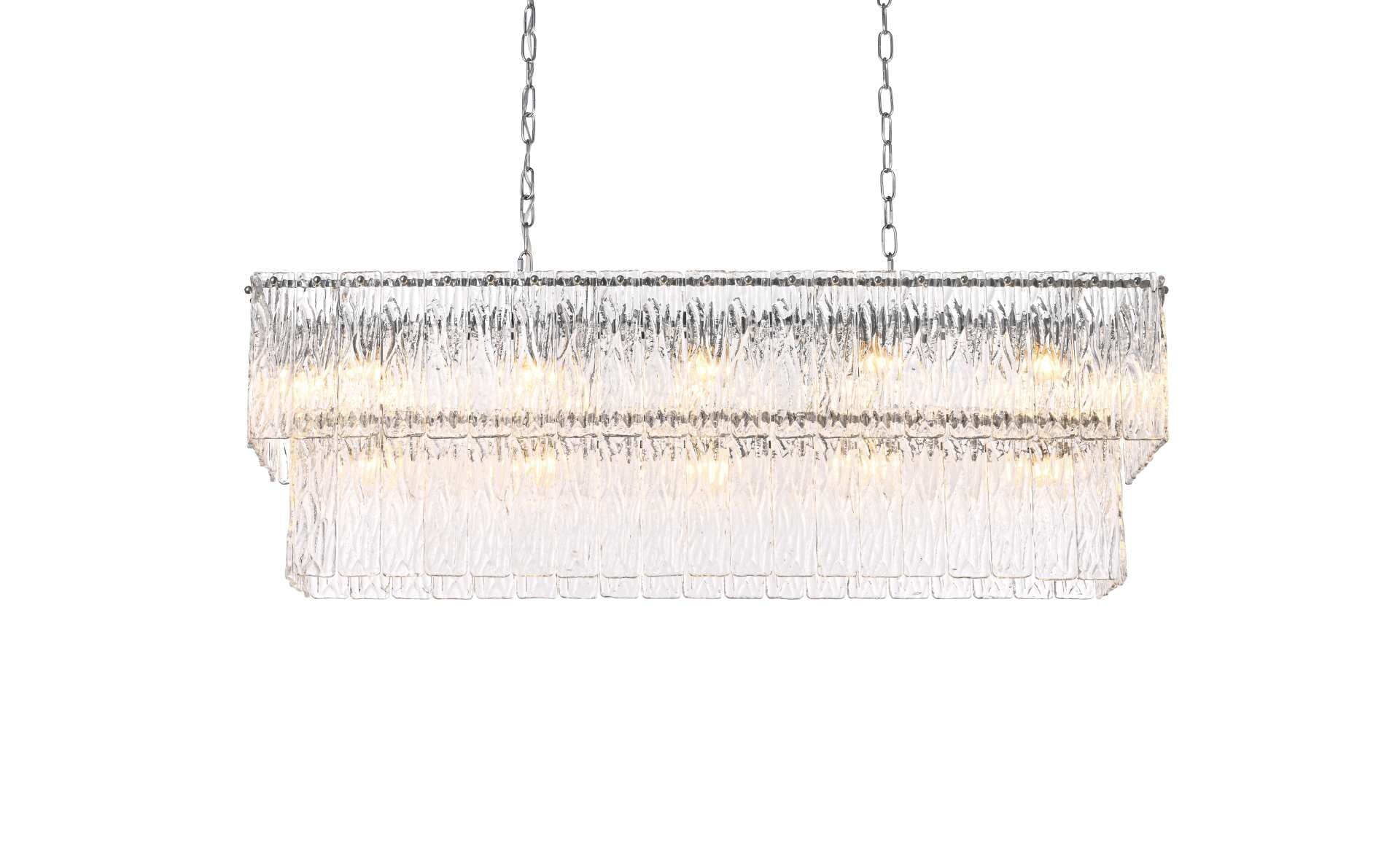 Dimensions
Chain/Rod Length: 59"
Length: 42"
Width: 11"
Height: 14"
Maximum Height: 79"
Wire Length: 142"
Specifications
Assembly Required: yes
Bulb Included: No
Crystal/Glass Color: Clear
Dimmable: Yes
Distressed Finish: No
Dry/Wet/Damp: Dry
ETL: Yes
Finish (Color): Chrome and Clear
Fixture Material: Iron and Glass
Hanging Device: Chain
Hardware Finish: Chrome
Harware Material: Iron
Max/Nominal Watt: 680W
Number of Lights: 17
Product Shape: Rectangle
Product Type: Chandeliers
Product Warranty: 1 year limited
Socket Type: E12
Voltage: 110V - 125V
Wattage/Bulb: 40W
Weight: 49
Wire Included: Yes
Shipment type: Small parcel - alternate view