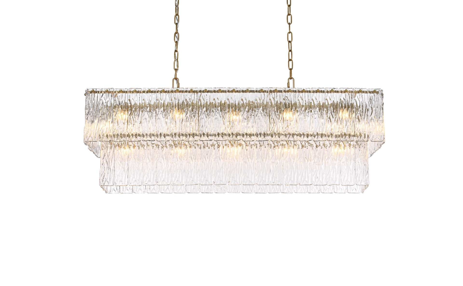 Dimensions
Chain/Rod Length: 59"
Length: 42"
Width: 11"
Height: 14"
Maximum Height: 79"
Wire Length: 142"
Specifications
Assembly Required: yes
Bulb Included: No
Crystal/Glass Color: Clear
Dimmable: Yes
Distressed Finish: No
Dry/Wet/Damp: Dry
ETL: Yes
Finish (Color): Satin Gold and Clear
Fixture Material: Iron and Glass
Hanging Device: Chain
Hardware Finish: Satin Gold
Harware Material: Iron
Max/Nominal Watt: 680W
Number of Lights: 17
Product Shape: Rectangle
Product Type: Chandeliers
Product Warranty: 1 year limited
Socket Type: E12
Voltage: 110V - 125V
Wattage/Bulb: 40W
Weight: 49
Wire Included: Yes
Shipment type: Small parcel - alternate view