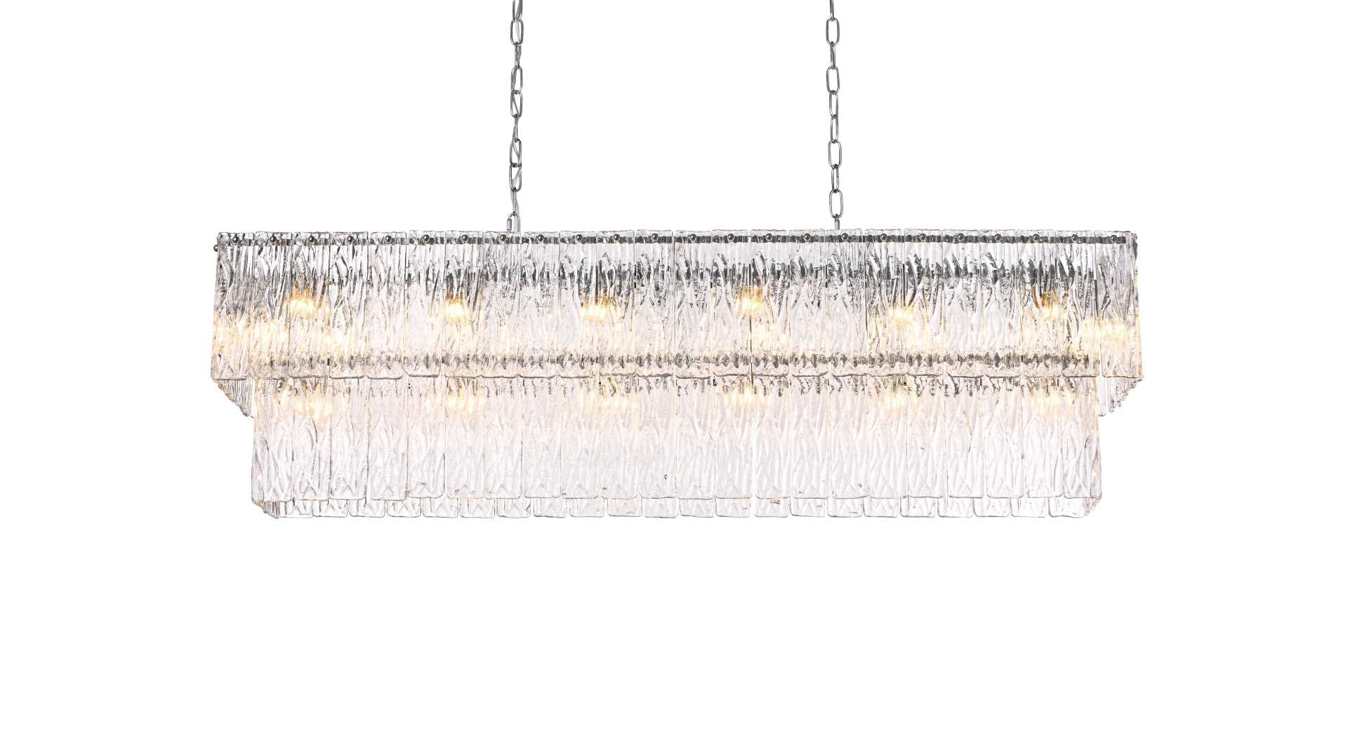 Dimensions
Chain/Rod Length: 59"
Length: 48"
Width: 11"
Height: 14"
Maximum Height: 79"
Wire Length: 142"
Specifications
Assembly Required: yes
Bulb Included: No
Crystal/Glass Color: Clear
Dimmable: Yes
Distressed Finish: No
Dry/Wet/Damp: Dry
ETL: Yes
Finish (Color): Chrome and Clear
Fixture Material: Iron and Glass
Hanging Device: Chain
Hardware Finish: Chrome
Harware Material: Iron
Max/Nominal Watt: 800W
Number of Lights: 20
Product Shape: Rectangle
Product Type: Chandeliers
Product Warranty: 1 year limited
Socket Type: E12
Voltage: 110V - 125V
Wattage/Bulb: 40W
Weight: 54
Wire Included: Yes
Shipment type: Small parcel - alternate view