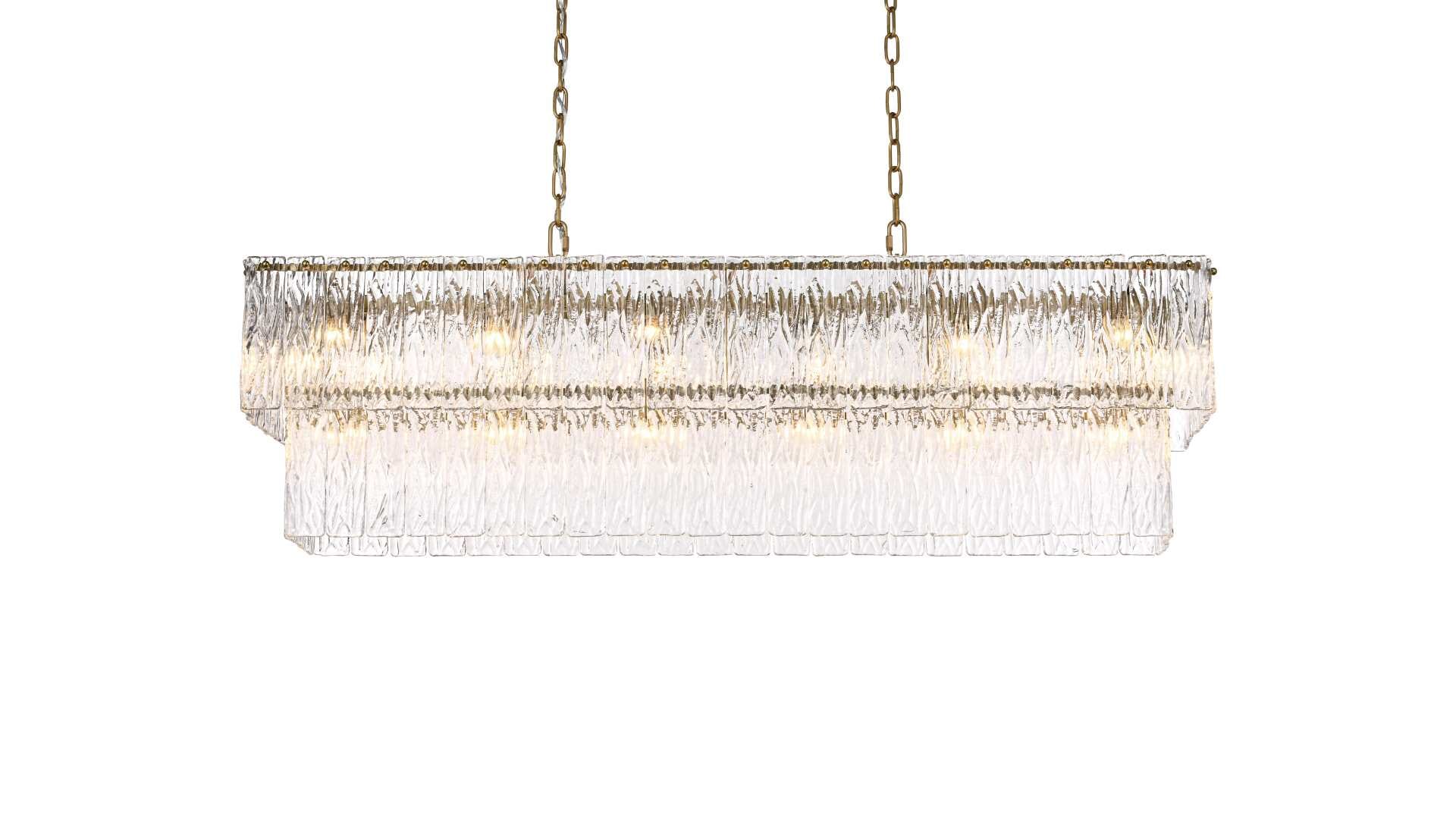 Dimensions
Chain/Rod Length: 59"
Length: 48"
Width: 11"
Height: 14"
Maximum Height: 79"
Wire Length: 142"
Specifications
Assembly Required: yes
Bulb Included: No
Crystal/Glass Color: Clear
Dimmable: Yes
Distressed Finish: No
Dry/Wet/Damp: Dry
ETL: Yes
Finish (Color): Satin Gold and Clear
Fixture Material: Iron and Glass
Hanging Device: Chain
Hardware Finish: Satin Gold
Harware Material: Iron
Max/Nominal Watt: 800W
Number of Lights: 20
Product Shape: Rectangle
Product Type: Chandeliers
Product Warranty: 1 year limited
Socket Type: E12
Voltage: 110V - 125V
Wattage/Bulb: 40W
Weight: 54
Wire Included: Yes
Shipment type: Small parcel - alternate view