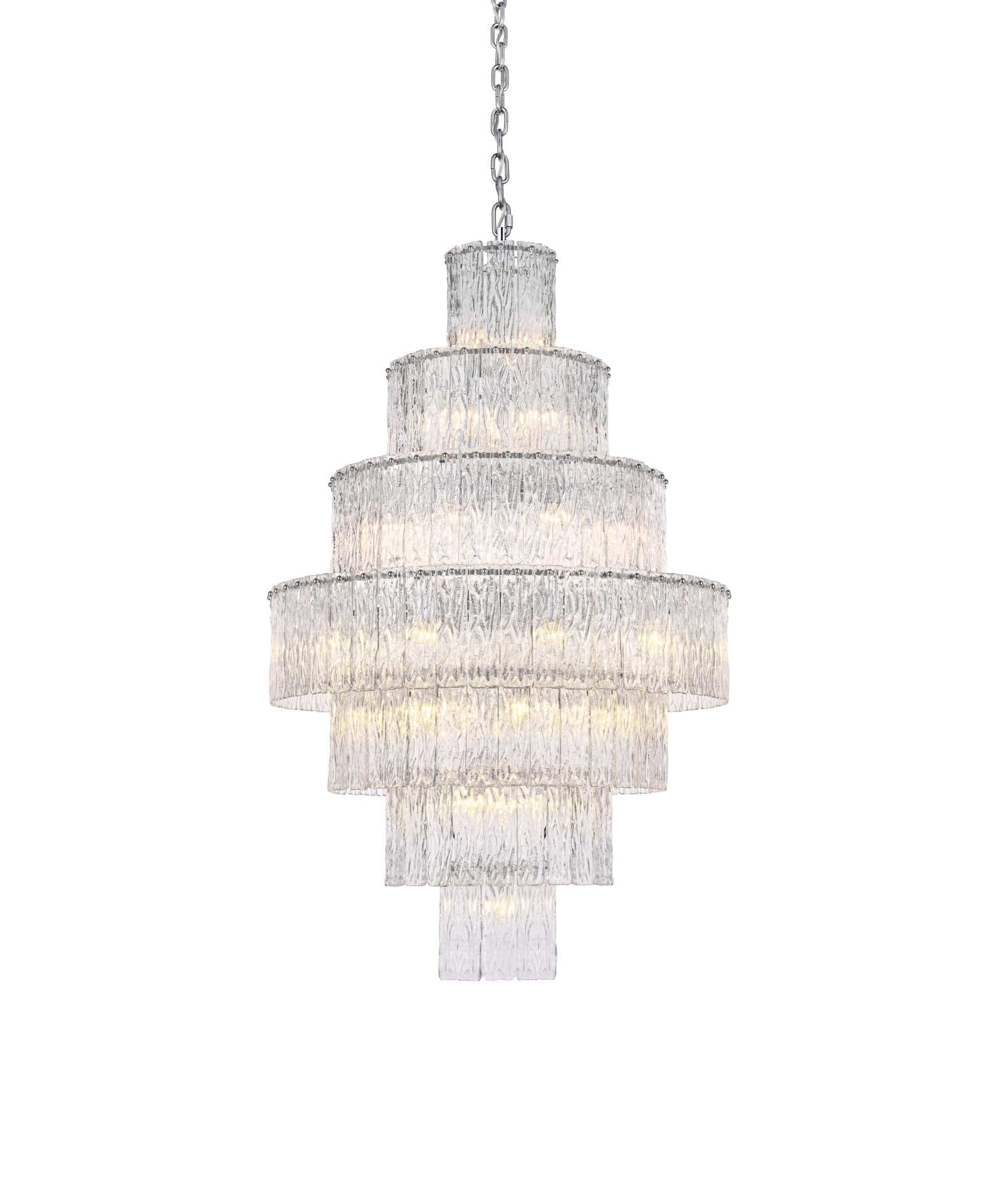 Dimensions
Chain/Rod Length: 59"
Length: 32"
Width: 32"
Height: 50"
Maximum Height: 123"
Wire Length: 142"
Specifications
Assembly Required: yes
Bulb Included: No
Crystal/Glass Color: Clear
Dimmable: Yes
Distressed Finish: No
Dry/Wet/Damp: Dry
ETL: Yes
Finish (Color): Chrome and Clear
Fixture Material: Iron and Glass
Hanging Device: Chain
Hardware Finish: Chrome
Harware Material: Iron
Max/Nominal Watt: 1480W
Number of Lights: 37
Product Shape: Round
Product Type: Chandeliers
Product Warranty: 1 year limited
Socket Type: E12
Voltage: 110V - 125V
Wattage/Bulb: 40W
Weight: 91
Wire Included: Yes
Shipment type: Small parcel - alternate view