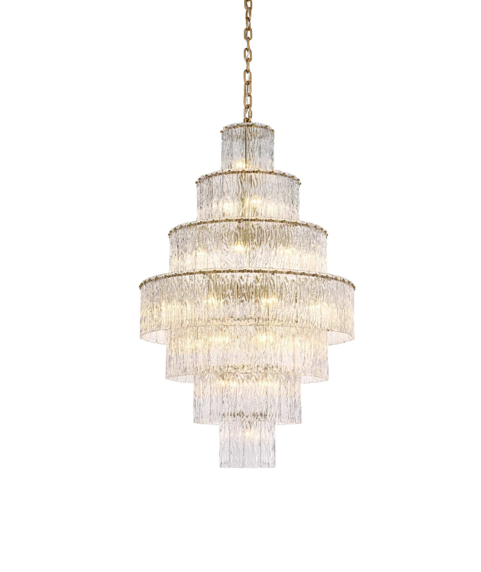 Dimensions
Chain/Rod Length: 59"
Length: 32"
Width: 32"
Height: 50"
Maximum Height: 123"
Wire Length: 142"
Specifications
Assembly Required: yes
Bulb Included: No
Crystal/Glass Color: Clear
Dimmable: Yes
Distressed Finish: No
Dry/Wet/Damp: Dry
ETL: Yes
Finish (Color): Satin Gold and Clear
Fixture Material: Iron and Glass
Hanging Device: Chain
Hardware Finish: Satin Gold
Harware Material: Iron
Max/Nominal Watt: 1480W
Number of Lights: 37
Product Shape: Round
Product Type: Chandeliers
Product Warranty: 1 year limited
Socket Type: E12
Voltage: 110V - 125V
Wattage/Bulb: 40W
Weight: 91
Wire Included: Yes
Shipment type: Small parcel - alternate view