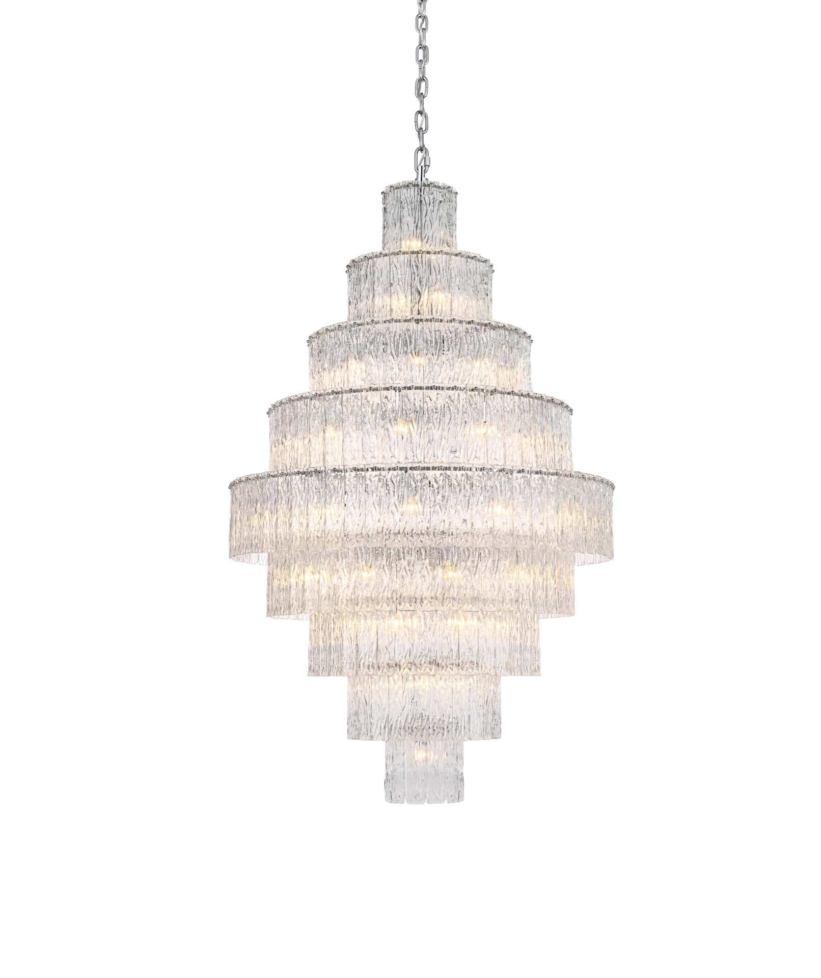 Dimensions
Chain/Rod Length: 59"
Length: 40"
Width: 40"
Height: 64"
Maximum Height: 138"
Wire Length: 142"
Specifications
Assembly Required: yes
Bulb Included: No
Crystal/Glass Color: Clear
Dimmable: Yes
Distressed Finish: No
Dry/Wet/Damp: Dry
ETL: Yes
Finish (Color): Chrome and Clear
Fixture Material: Iron and Glass
Hanging Device: Chain
Hardware Finish: Chrome
Harware Material: Iron
Max/Nominal Watt: 2360W
Number of Lights: 59
Product Shape: Round
Product Type: Chandeliers
Product Warranty: 1 year limited
Socket Type: E12
Voltage: 110V - 125V
Wattage/Bulb: 40W
Weight: 150
Wire Included: Yes
Shipment type: LTL - alternate view