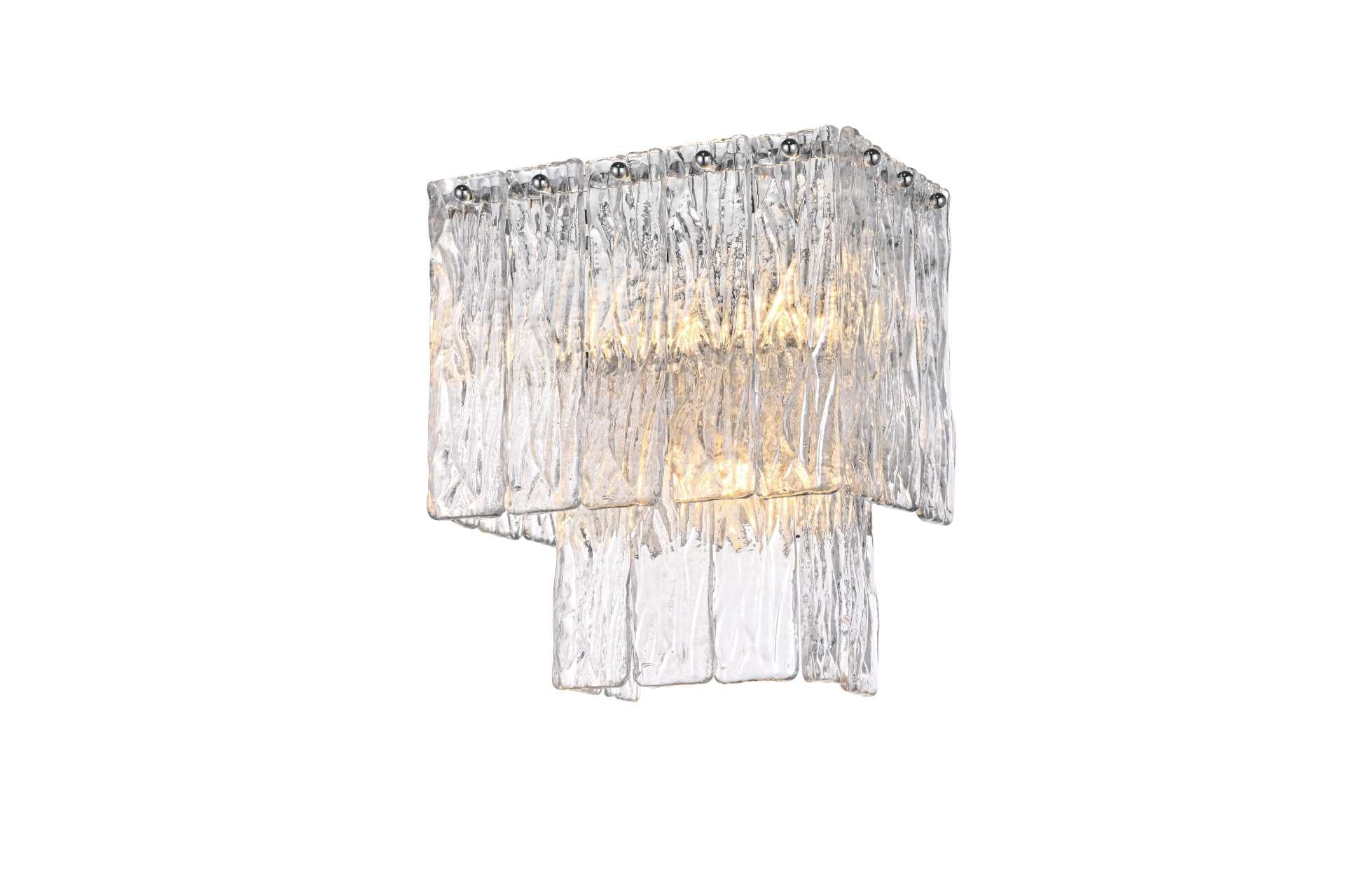 Dimensions
Width: 10.5"
Height: 13"
Extension: 6.5"
Wire Length: 20"
Specifications
Assembly Required: yes
Bulb Included: No
Crystal/Glass Color: Clear
Dimmable: Yes
Distressed Finish: No
Dry/Wet/Damp: Dry
ETL: Yes
Finish (Color): Chrome and Clear
Fixture Material: Iron and Glass
Hardware Finish: Chrome
Harware Material: Iron
Max/Nominal Watt: 120W
Number of Lights: 3
Product Shape: Rectangle
Product Type: Wall Sconce
Product Warranty: 1 year limited
Socket Type: E12
Voltage: 110V - 125V
Wattage/Bulb: 40W
Weight: 10
Wire Included: Yes
Shipment type: Small parcel - alternate view