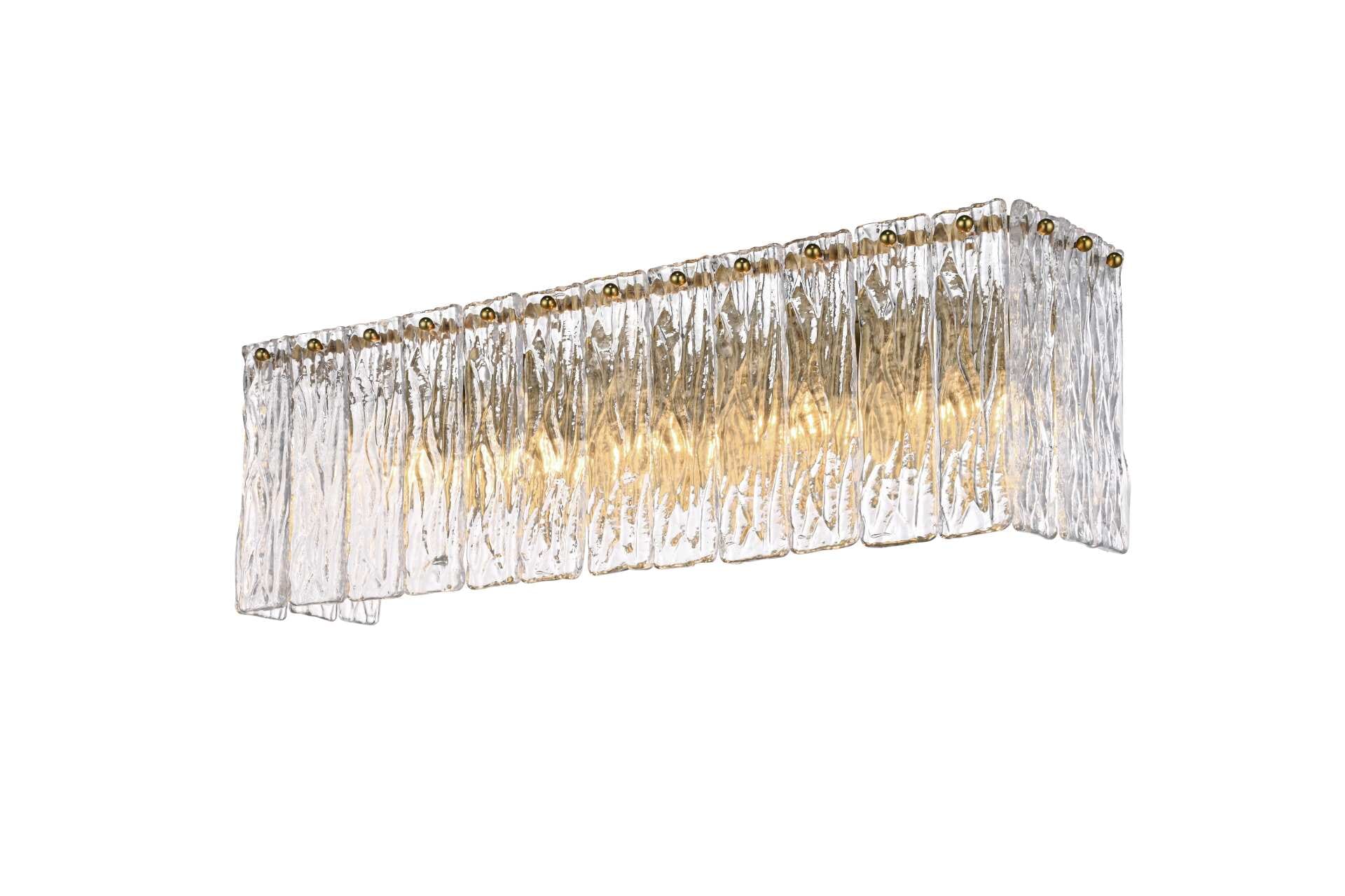 Dimensions
Width: 24.5"
Height: 8"
Extension: 6.5"
Wire Length: 20"
Specifications
Assembly Required: yes
Bulb Included: No
Crystal/Glass Color: Clear
Dimmable: Yes
Distressed Finish: No
Dry/Wet/Damp: Dry
ETL: Yes
Finish (Color): Satin Gold and Clear
Fixture Material: Iron and Glass
Hardware Finish: Satin Gold
Harware Material: Iron
Max/Nominal Watt: 200W
Number of Lights: 5
Product Shape: Rectangle
Product Type: Wall Sconce
Product Warranty: 1 year limited
Socket Type: E12
Voltage: 110V - 125V
Wattage/Bulb: 40W
Weight: 12
Wire Included: Yes
Shipment type: Small parcel - alternate view