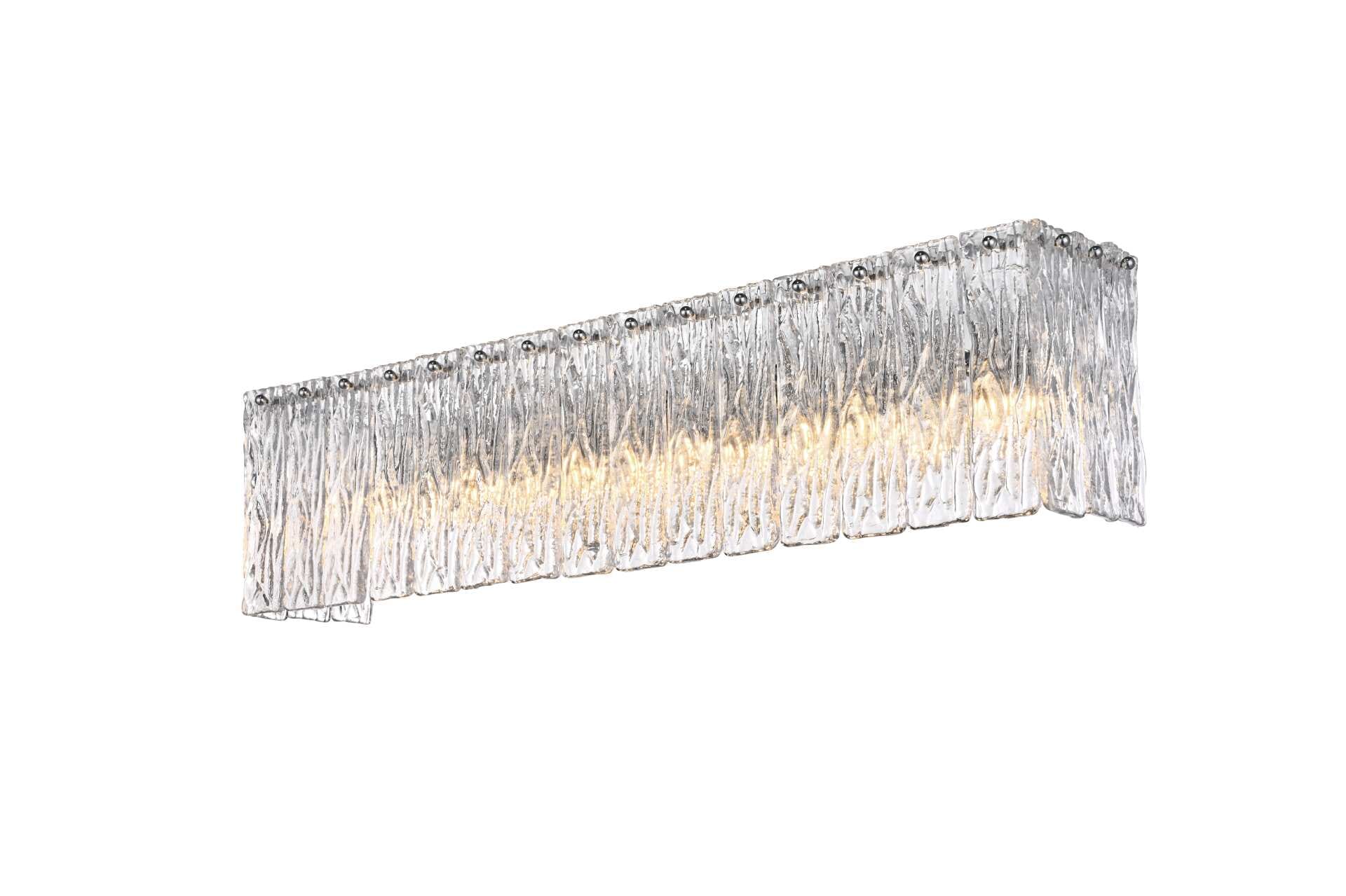 Dimensions
Width: 30.5"
Height: 8"
Extension: 6.5"
Wire Length: 20"
Specifications
Assembly Required: yes
Bulb Included: No
Crystal/Glass Color: Clear
Dimmable: Yes
Distressed Finish: No
Dry/Wet/Damp: Dry
ETL: Yes
Finish (Color): Chrome and Clear
Fixture Material: Iron and Glass
Hardware Finish: Chrome
Harware Material: Iron
Max/Nominal Watt: 240W
Number of Lights: 6
Product Shape: Rectangle
Product Type: Wall Sconce
Product Warranty: 1 year limited
Socket Type: E12
Voltage: 110V - 125V
Wattage/Bulb: 40W
Weight: 14
Wire Included: Yes
Shipment type: Small parcel - alternate view