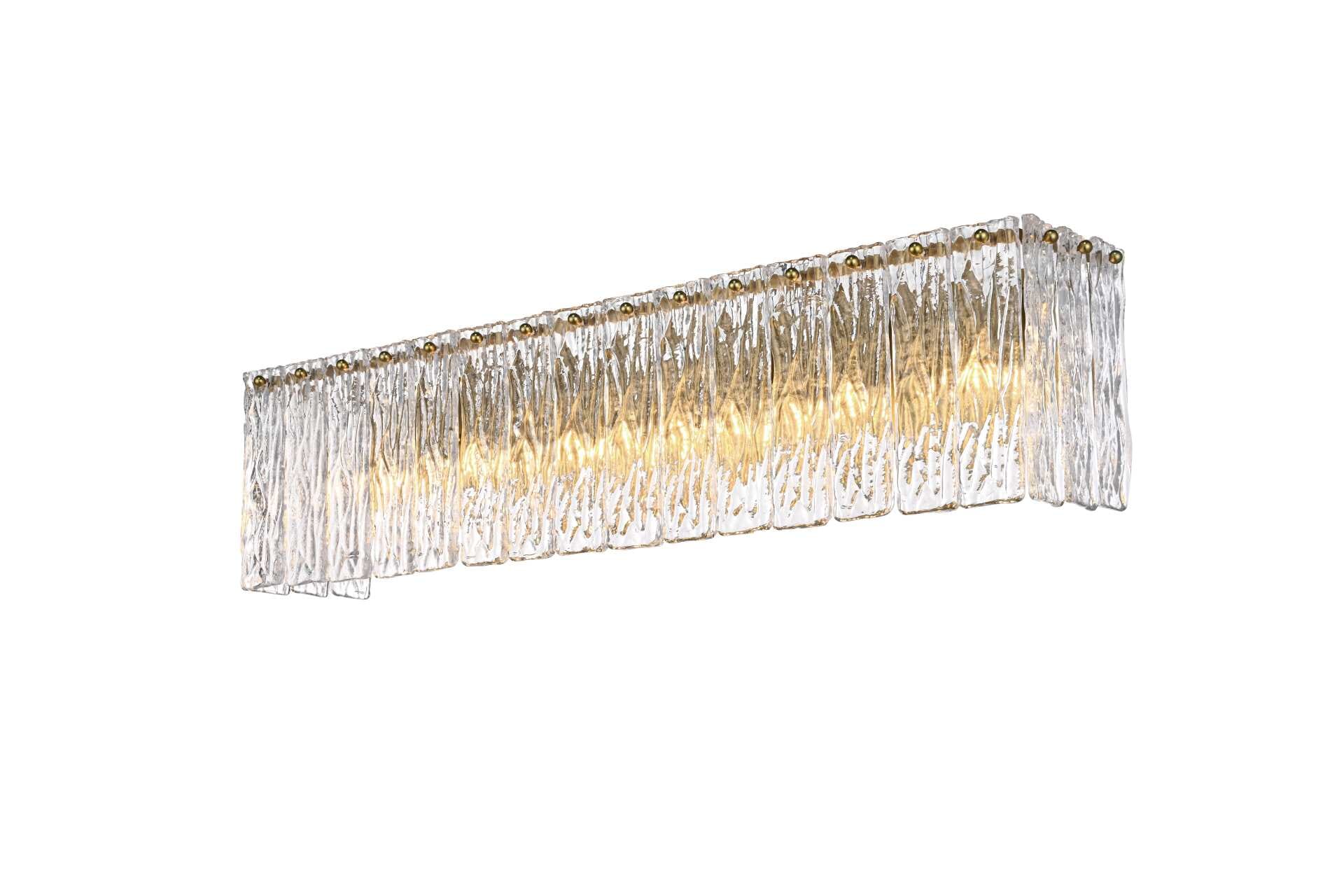 Dimensions
Width: 30.5"
Height: 8"
Extension: 6.5"
Wire Length: 20"
Specifications
Assembly Required: yes
Bulb Included: No
Crystal/Glass Color: Clear
Dimmable: Yes
Distressed Finish: No
Dry/Wet/Damp: Dry
ETL: Yes
Finish (Color): Satin Gold and Clear
Fixture Material: Iron and Glass
Hardware Finish: Satin Gold
Harware Material: Iron
Max/Nominal Watt: 240W
Number of Lights: 6
Product Shape: Rectangle
Product Type: Wall Sconce
Product Warranty: 1 year limited
Socket Type: E12
Voltage: 110V - 125V
Wattage/Bulb: 40W
Weight: 14
Wire Included: Yes
Shipment type: Small parcel - alternate view