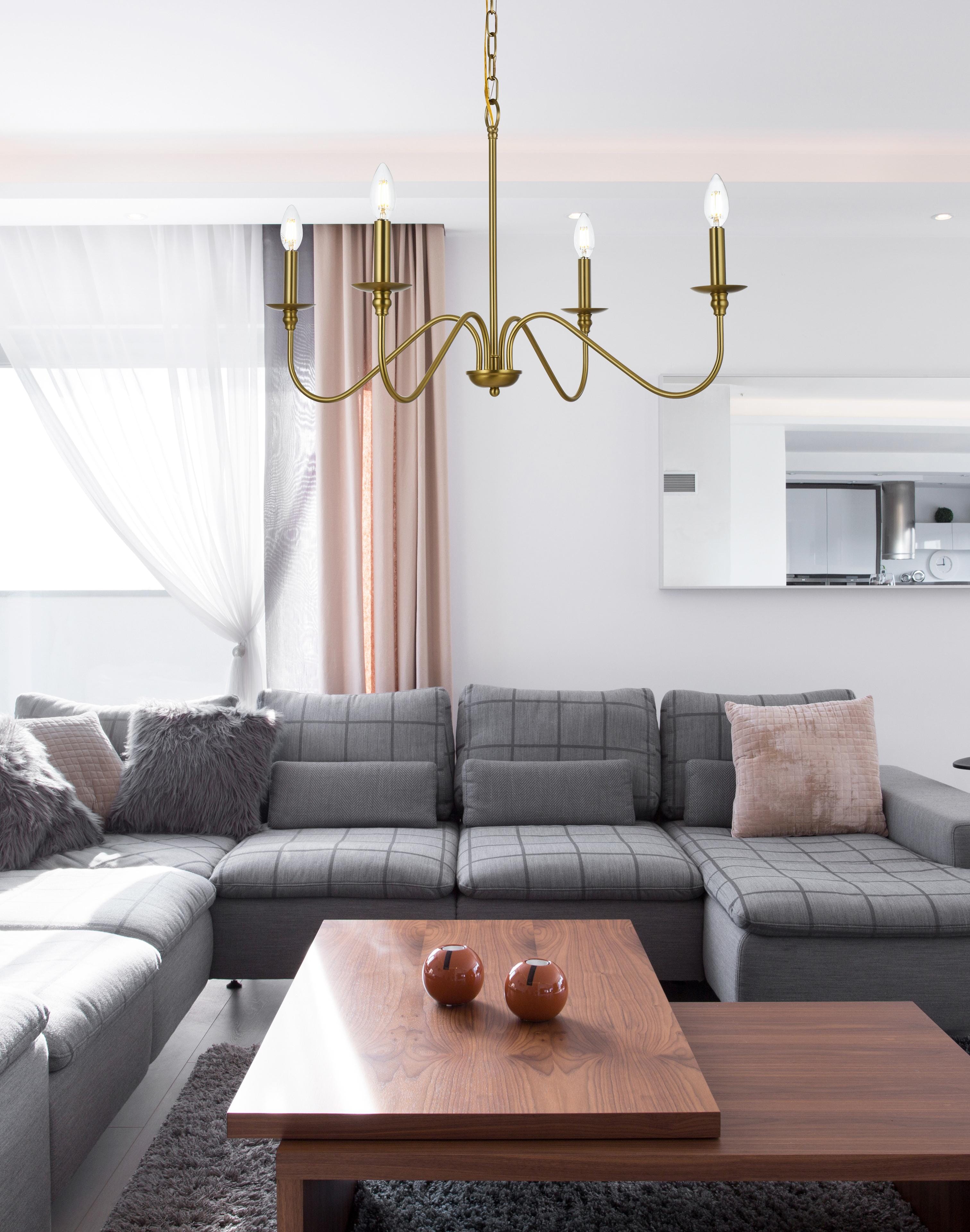 Dimensions
Chain/Rod Length: 60"
Length: 30"
Width: 30"
Height: 18"
Maximum Height: 79"
Wire Length: 79"
Specifications
Assembly Required: yes
Bulb Included: No
Dimmable: Yes
Distressed Finish: No
Dry/Wet/Damp: Dry
ETL: YES
Finish (Color): Satin Gold
Fixture Material: Iron
Hanging Device: Chain
Hardware Finish: Satin Gold
Harware Material: iron
Max/Nominal Watt: 160W
Number of Lights: 4
Product Type: Chandeliers
Product Warranty: 1 year limited
Socket Type: E12
UL & ULC Standard: No
Voltage: 110V - 125V
Wattage/Bulb: 40W
Weight: 5
Wire Included: Yes
Shipment type: Small Parcel
US Shipping Cost: $15.00 - alternate view
