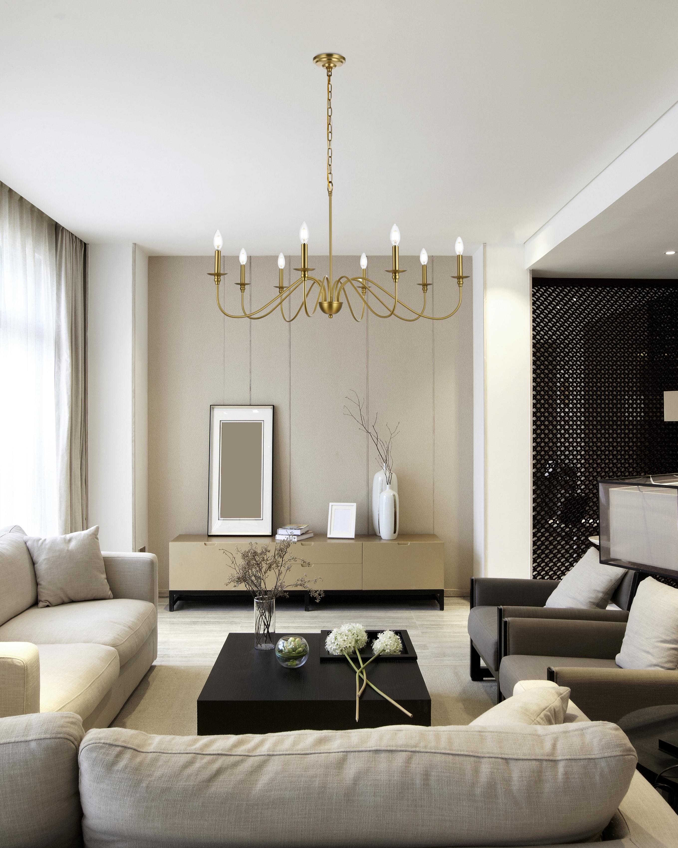 Dimensions
Chain/Rod Length: 60"
Length: 42"
Width: 42"
Height: 22"
Maximum Height: 83"
Wire Length: 79"
Specifications
Assembly Required: yes
Bulb Included: No
Dimmable: Yes
Distressed Finish: No
Dry/Wet/Damp: Dry
ETL: YES
Finish (Color): Satin Gold
Fixture Material: Iron
Hanging Device: Chain
Hardware Finish: Satin Gold
Harware Material: iron
Max/Nominal Watt: 320W
Number of Lights: 8
Product Type: Chandeliers
Product Warranty: 1 year limited
Socket Type: E12
UL & ULC Standard: No
Voltage: 110V - 125V
Wattage/Bulb: 40W
Weight: 7
Wire Included: Yes
Shipment type: Small Parcel
US Shipping Cost: $24.00 - alternate view