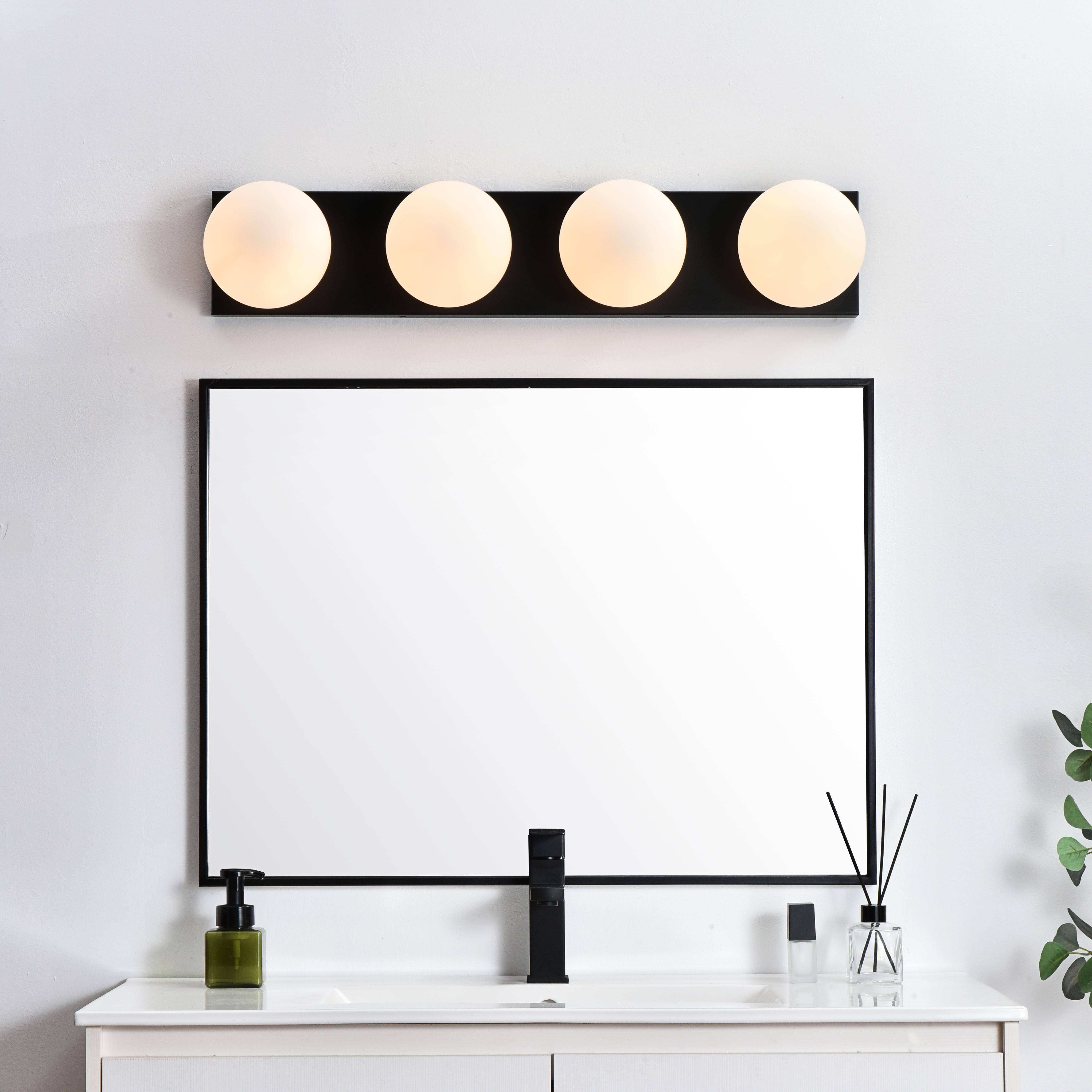 Installation Manual
Specification Sheet
Dimensions
Length: 6.9"
Width: 31"
Height: 6"
Extension: 7"
Wire Length: 8"
Depth: 7"
Specifications
Assembly Required: Yes
Bulb Included: No
#N/A
Dimmable: Yes
Distressed Finish: No
Dry/Wet/Damp: Damp
ETL: yes
Finish (Color): Black and Frosted White
Fixture Material: Iron and Glass
Hardware Finish: Black
Harware Material: Iron
Max/Nominal Watt: 160W
Number of Lights: 4
Product Type: Vanity Lights
Product Warranty: 1 year limited
Socket Type: E12
Voltage: 110V
Wattage/Bulb: 40W
Weight: 7
Wire Included: Yes
Shipment type: Small Parcel
US Shipping Cost: $16.00 - alternate view