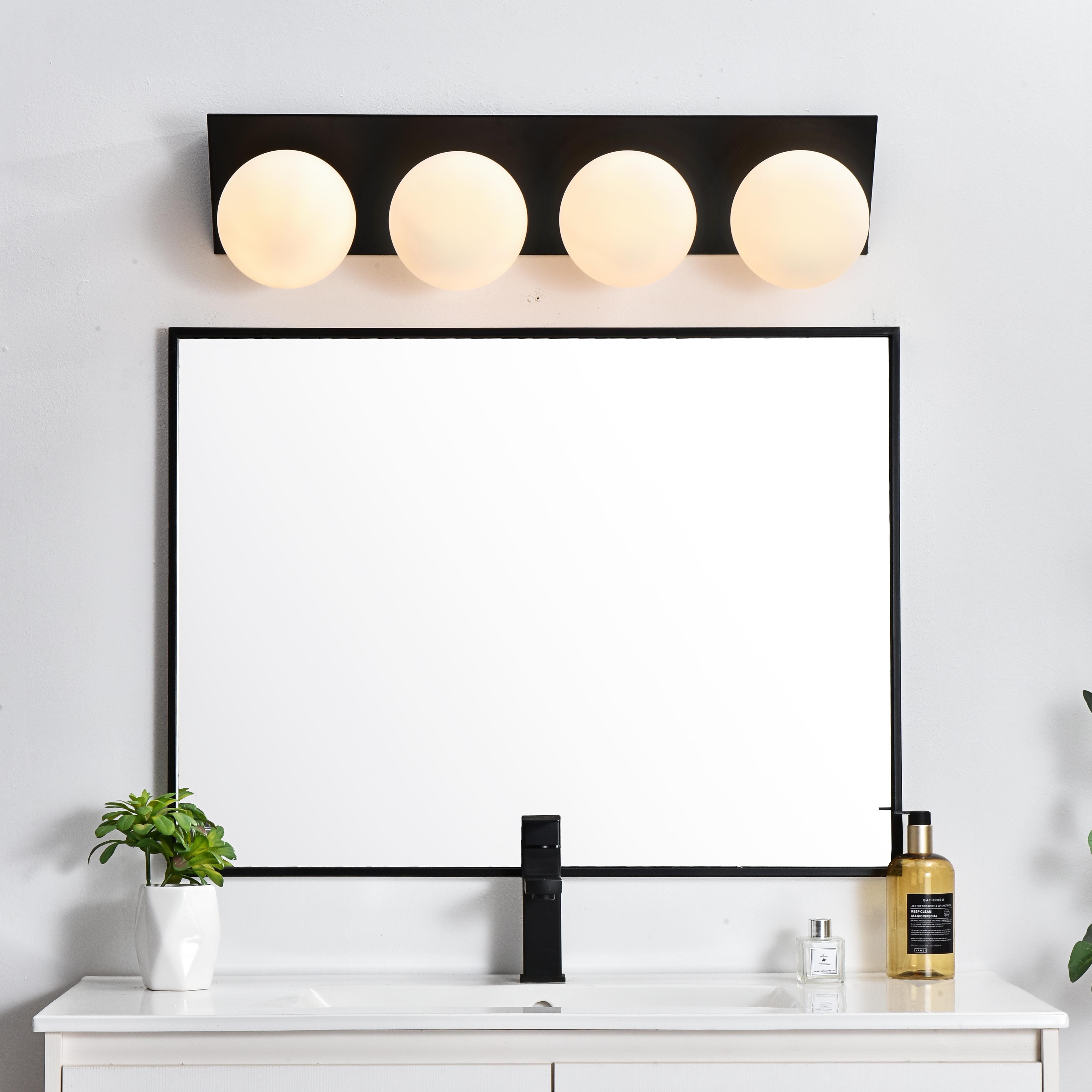 Installation Manual
Specification Sheet
Dimensions
Length: 7.5"
Width: 29"
Height: 8"
Extension: 7.5"
Wire Length: 8"
Depth: 7.5"
Specifications
Assembly Required: Yes
Bulb Included: No
#N/A
Dimmable: Yes
Distressed Finish: No
Dry/Wet/Damp: Damp
ETL: yes
Finish (Color): Black and Frosted White
Fixture Material: Iron and Glass
Hardware Finish: Black
Harware Material: Iron
Max/Nominal Watt: 160W
Number of Lights: 4
Product Type: Vanity Lights
Product Warranty: 1 year limited
Socket Type: E12
Voltage: 110V
Wattage/Bulb: 40W
Weight: 9
Wire Included: Yes
Shipment type: Small Parcel
US Shipping Cost: $17.00 - alternate view