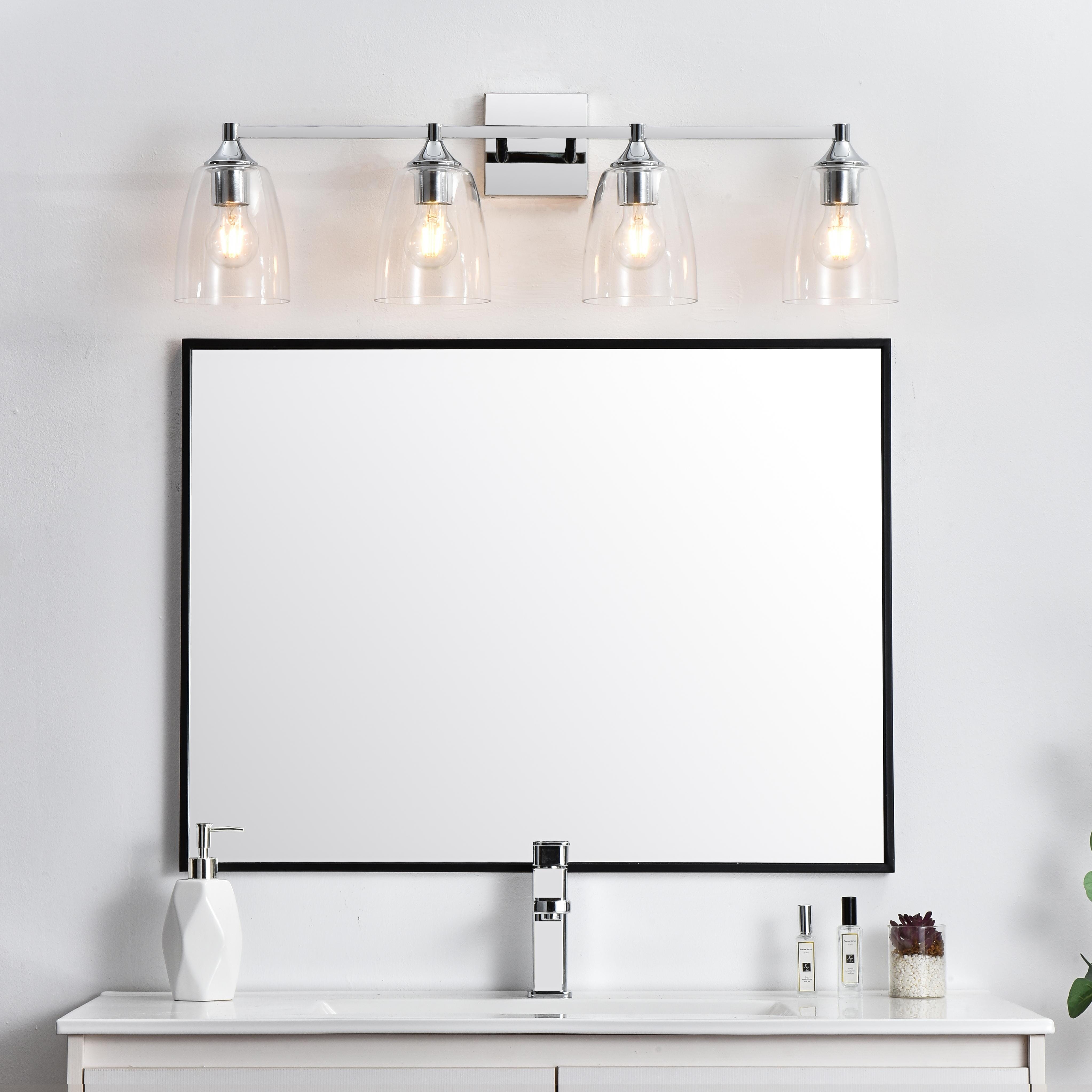 Installation Manual
Specification Sheet
Dimensions
Length: 7.2"
Width: 32"
Height: 10"
Extension: 7"
Wire Length: 8"
Depth: 7"
Specifications
Assembly Required: Yes
Bulb Included: No
#N/A
Dimmable: Yes
Distressed Finish: No
Dry/Wet/Damp: Damp
ETL: yes
Finish (Color): Chrome and Clear
Fixture Material: Iron and Glass
Hardware Finish: Chrome
Harware Material: Iron
Max/Nominal Watt: 160W
Number of Lights: 4
Product Type: Vanity Lights
Product Warranty: 1 year limited
Socket Type: E26
Voltage: 110V
Wattage/Bulb: 40W
Weight: 6
Wire Included: Yes
Shipment type: Small Parcel
US Shipping Cost: $15.00 - alternate view