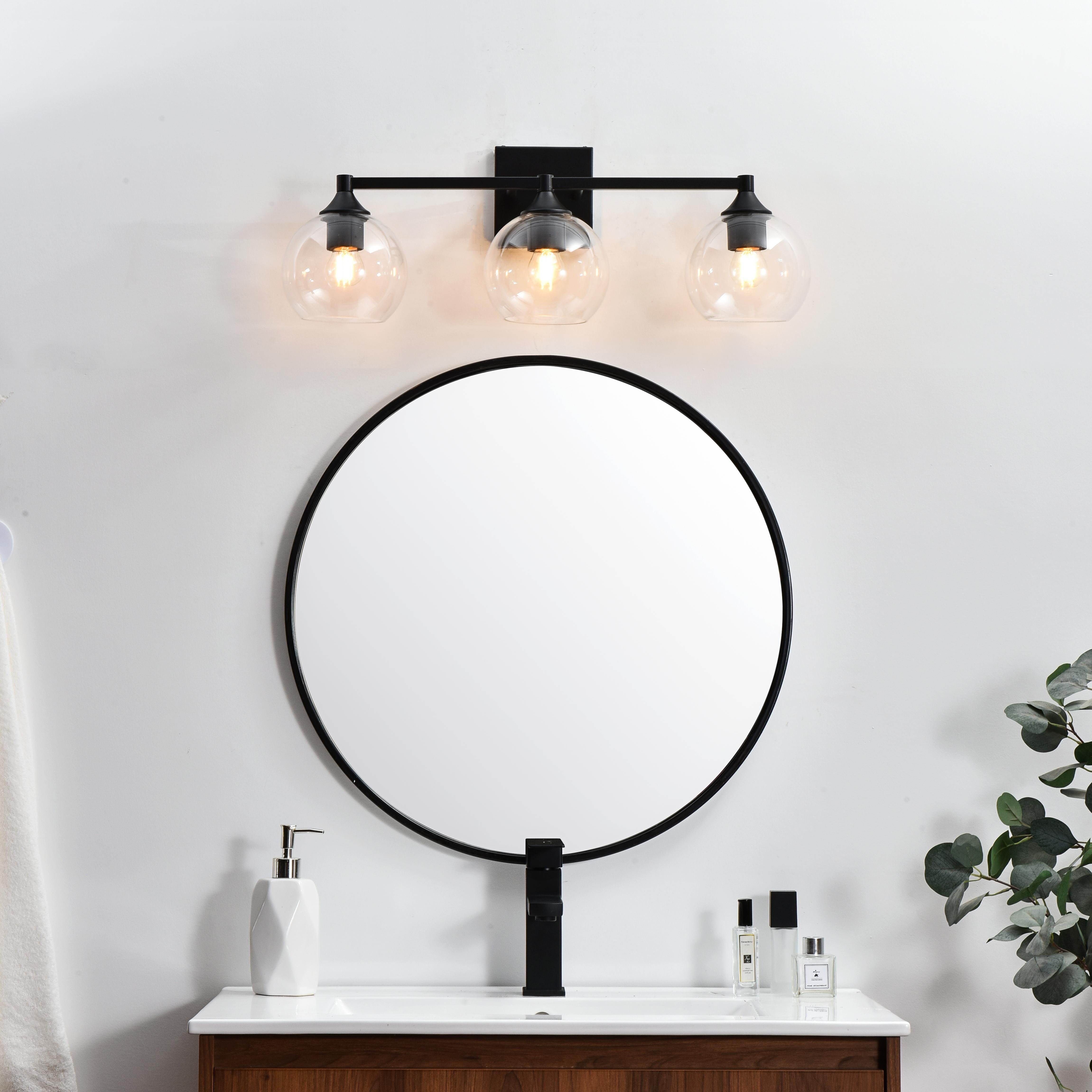 Specification Sheet
Dimensions
Length: 7.6"
Width: 25"
Height: 9"
Extension: 8"
Wire Length: 8"
Depth: 8"
Specifications
Assembly Required: Yes
Bulb Included: No
#N/A
Dimmable: Yes
Distressed Finish: No
Dry/Wet/Damp: Damp
ETL: yes
Finish (Color): Black and Clear
Fixture Material: Iron and Glass
Hardware Finish: Black
Harware Material: Iron
Max/Nominal Watt: 120W
Number of Lights: 3
Product Type: Vanity Lights
Product Warranty: 1 year limited
Socket Type: E26
Voltage: 110V
Wattage/Bulb: 40W
Weight: 4
Wire Included: Yes
Shipment type: Small Parcel
US Shipping Cost: $13.00 - alternate view