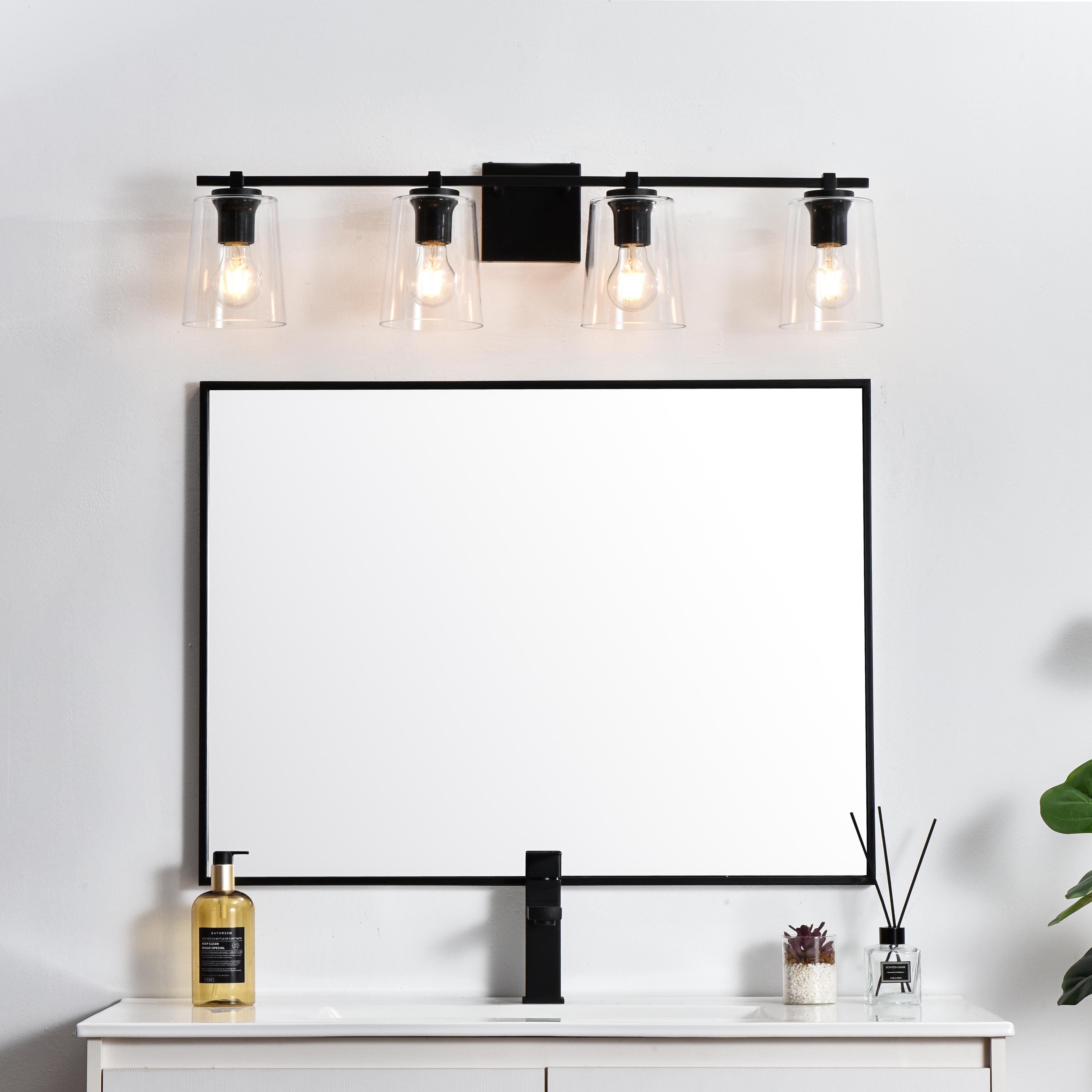 Specification Sheet
Dimensions
Length: 7.4"
Width: 33"
Height: 8"
Extension: 7"
Wire Length: 8"
Depth: 7"
Specifications
Assembly Required: Yes
Bulb Included: No
#N/A
Dimmable: Yes
Distressed Finish: No
Dry/Wet/Damp: Damp
ETL: yes
Finish (Color): Black and Clear
Fixture Material: Iron and Glass
Hardware Finish: Black
Harware Material: Iron
Max/Nominal Watt: 160W
Number of Lights: 4
Product Type: Vanity Lights
Product Warranty: 1 year limited
Socket Type: E26
Voltage: 110V
Wattage/Bulb: 40W
Weight: 6
Wire Included: Yes
Shipment type: Small Parcel
US Shipping Cost: $14.00 - alternate view