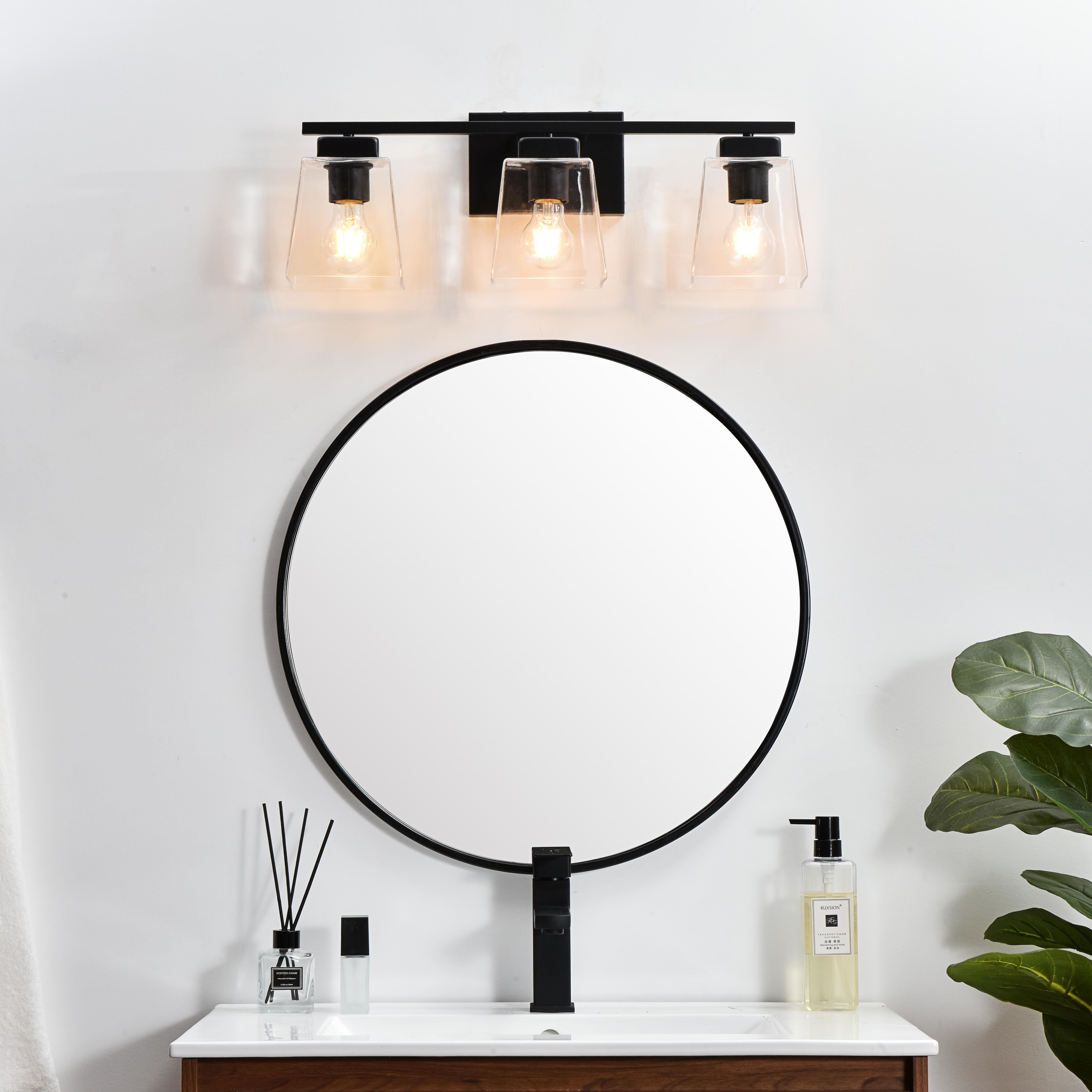 Specification Sheet
Dimensions
Length: 7"
Width: 23"
Height: 8.5"
Extension: 7"
Wire Length: 8"
Depth: 7"
Specifications
Assembly Required: Yes
Bulb Included: No
#N/A
Dimmable: Yes
Distressed Finish: No
Dry/Wet/Damp: Damp
ETL: yes
Finish (Color): Black and Clear
Fixture Material: Iron and Glass
Hardware Finish: Black
Harware Material: Iron
Max/Nominal Watt: 120W
Number of Lights: 3
Product Type: Vanity Lights
Product Warranty: 1 year limited
Socket Type: E26
Voltage: 110V
Wattage/Bulb: 40W
Weight: 7
Wire Included: Yes
Shipment type: Small Parcel
US Shipping Cost: $13.00 - alternate view