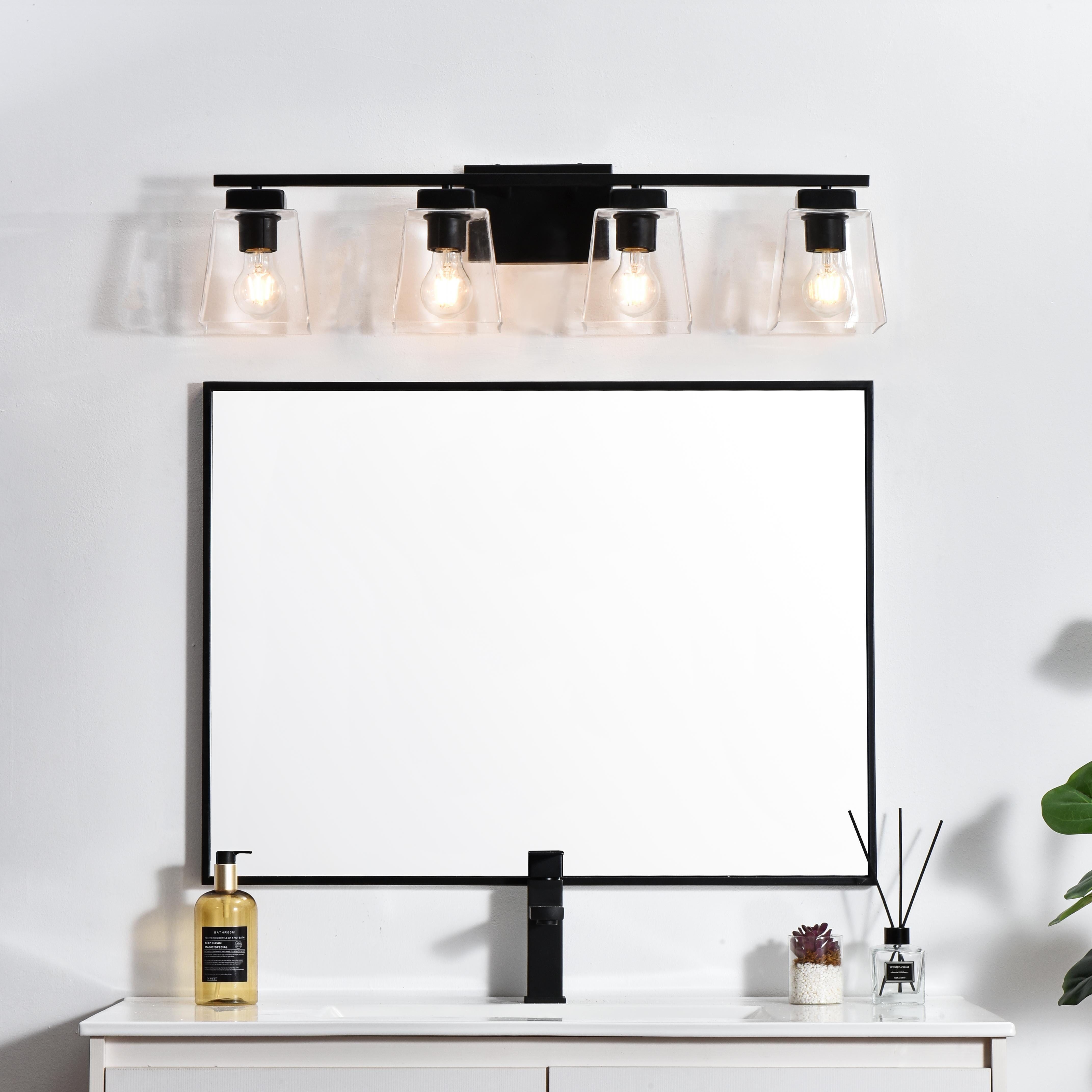 Specification Sheet
Dimensions
Length: 7"
Width: 32"
Height: 8.5"
Extension: 7"
Wire Length: 8"
Depth: 7"
Specifications
Assembly Required: Yes
Bulb Included: No
#N/A
Dimmable: Yes
Distressed Finish: No
Dry/Wet/Damp: Damp
ETL: yes
Finish (Color): Black and Clear
Fixture Material: Iron and Glass
Hardware Finish: Black
Harware Material: Iron
Max/Nominal Watt: 160W
Number of Lights: 4
Product Type: Vanity Lights
Product Warranty: 1 year limited
Socket Type: E26
Voltage: 110V
Wattage/Bulb: 40W
Weight: 8
Wire Included: Yes
Shipment type: Small Parcel
US Shipping Cost: $16.00 - alternate view