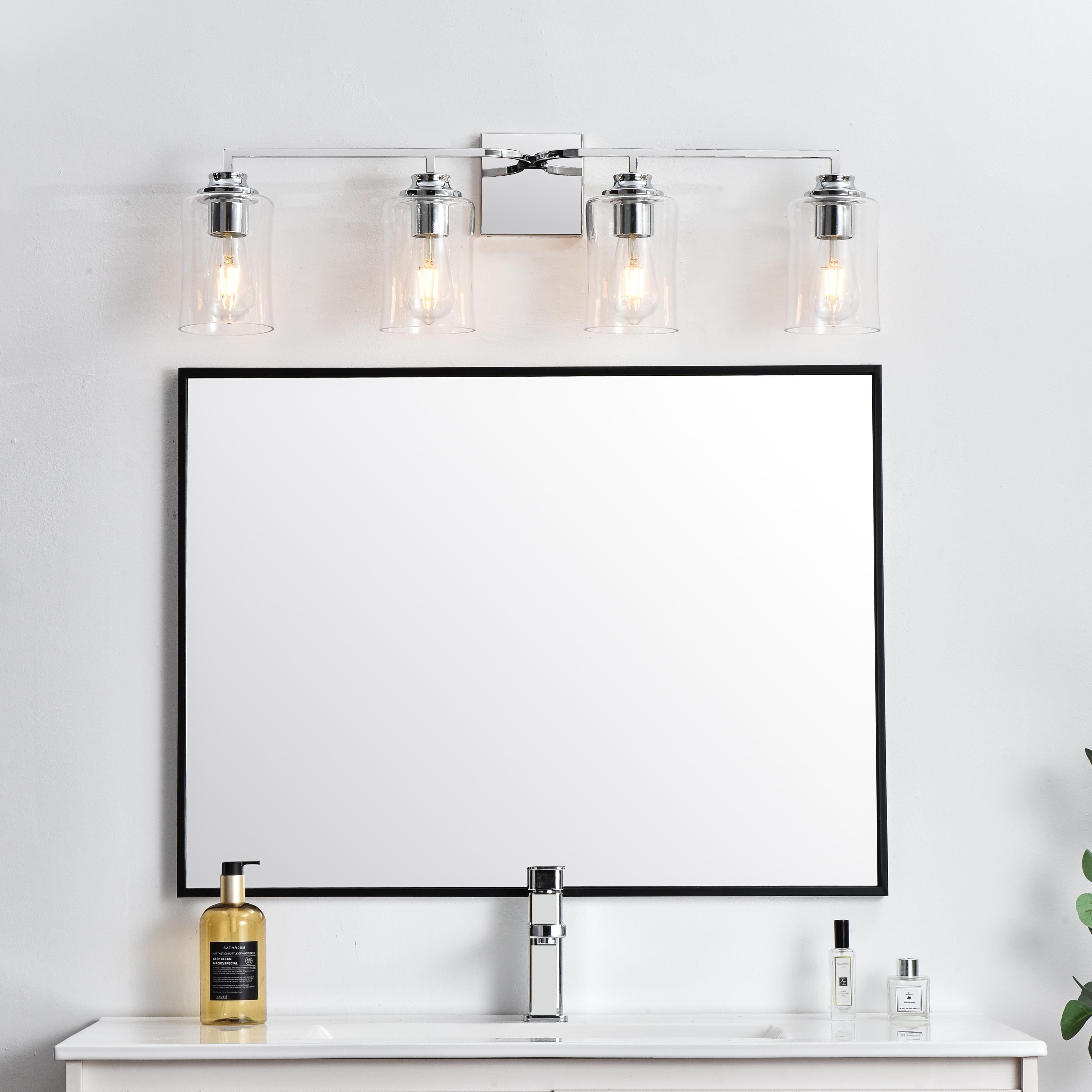 Specification Sheet
Dimensions
Length: 6"
Width: 32"
Height: 9"
Extension: 6"
Wire Length: 8"
Depth: 6"
Specifications
Assembly Required: Yes
Bulb Included: No
#N/A
Dimmable: Yes
Distressed Finish: No
Dry/Wet/Damp: Damp
ETL: yes
Finish (Color): Chrome and Clear
Fixture Material: Iron and Glass
Hardware Finish: Chrome
Harware Material: Iron
Max/Nominal Watt: 160W
Number of Lights: 4
Product Type: Vanity Lights
Product Warranty: 1 year limited
Socket Type: E26
Voltage: 110V
Wattage/Bulb: 40W
Weight: 6
Wire Included: Yes
Shipment type: Small Parcel
US Shipping Cost: $13.00 - alternate view