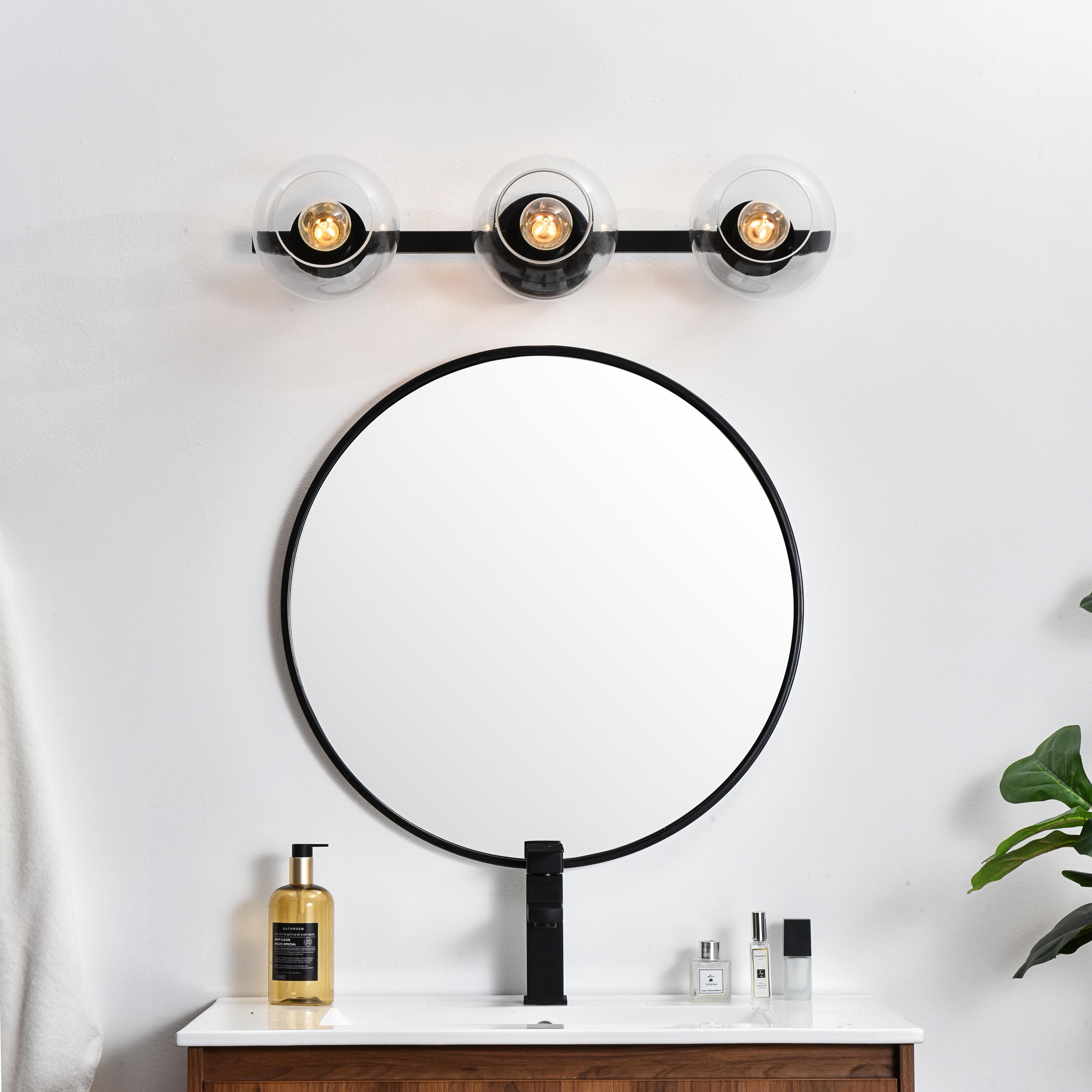 Specification Sheet
Dimensions
Length: 7.8"
Width: 27"
Height: 7"
Extension: 8"
Wire Length: 8"
Depth: 8"
Specifications
Assembly Required: Yes
Bulb Included: No
#N/A
Dimmable: Yes
Distressed Finish: No
Dry/Wet/Damp: Damp
ETL: yes
Finish (Color): Black and Clear
Fixture Material: Iron and Glass
Hardware Finish: Black
Harware Material: Iron
Max/Nominal Watt: 120W
Number of Lights: 3
Product Type: Vanity Lights
Product Warranty: 1 year limited
Socket Type: E26
Voltage: 110V
Wattage/Bulb: 40W
Weight: 3
Wire Included: Yes
Shipment type: Small Parcel
US Shipping Cost: $14.00 - alternate view