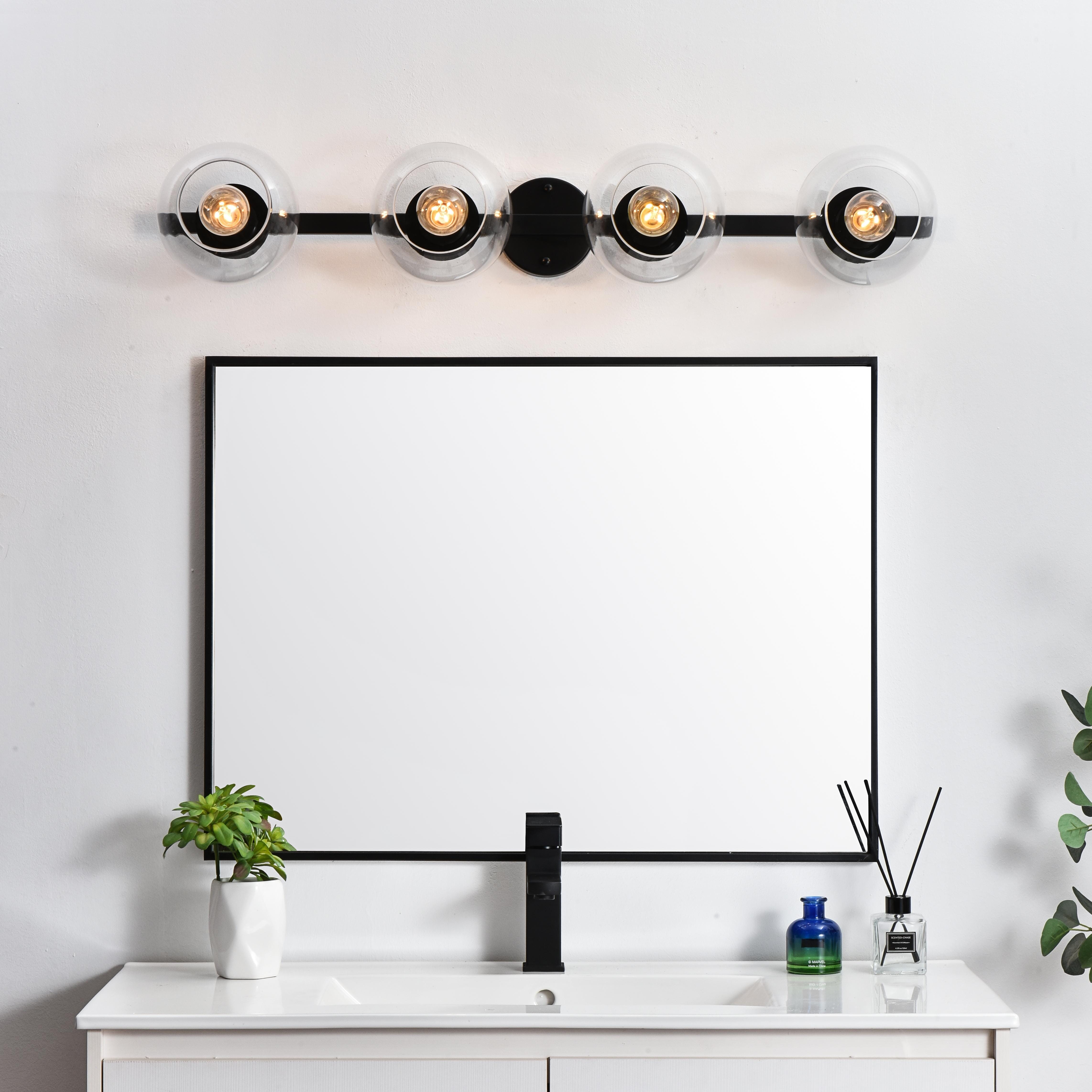 Specification Sheet
Dimensions
Length: 7.8"
Width: 37"
Height: 7"
Extension: 8"
Wire Length: 8"
Depth: 8"
Specifications
Assembly Required: Yes
Bulb Included: No
#N/A
Dimmable: Yes
Distressed Finish: No
Dry/Wet/Damp: Damp
ETL: yes
Finish (Color): Black and Clear
Fixture Material: Iron and Glass
Hardware Finish: Black
Harware Material: Iron
Max/Nominal Watt: 160W
Number of Lights: 4
Product Type: Vanity Lights
Product Warranty: 1 year limited
Socket Type: E26
Voltage: 110V
Wattage/Bulb: 40W
Weight: 4
Wire Included: Yes
Shipment type: Small Parcel
US Shipping Cost: $17.00 - alternate view