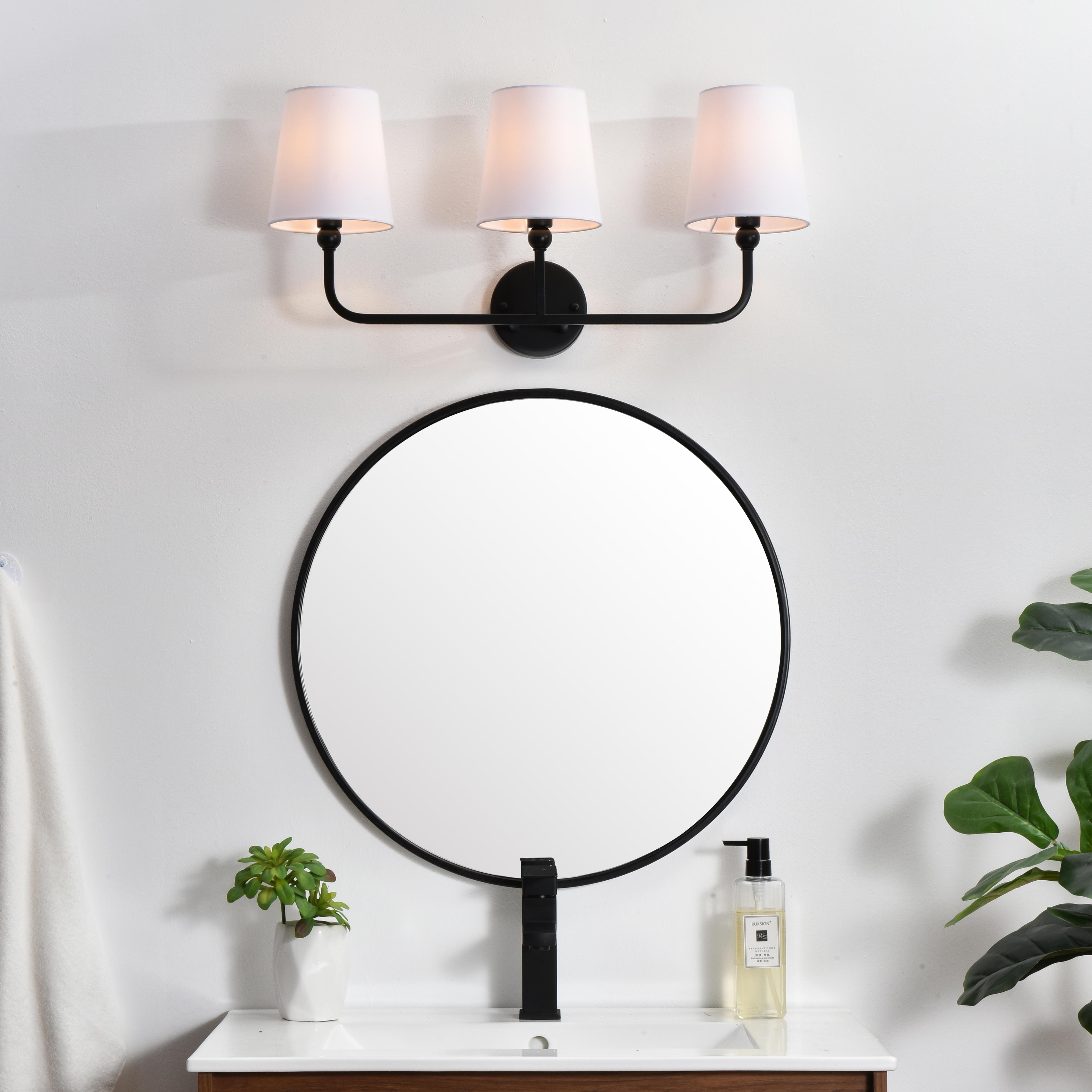 Specification Sheet
Dimensions
Length: 7.5"
Width: 26"
Height: 12"
Extension: 7.5"
Wire Length: 8"
Depth: 8"
Specifications
Assembly Required: Yes
Bulb Included: No
#N/A
Dimmable: Yes
Distressed Finish: No
Dry/Wet/Damp: Damp
ETL: yes
Finish (Color): Black and Clear
Fixture Material: Metal and Fabric shade
Hardware Finish: Black
Harware Material: Iron
Max/Nominal Watt: 120W
Number of Lights: 3
Product Type: Vanity Lights
Product Warranty: 1 year limited
Socket Type: E12
Voltage: 110V
Wattage/Bulb: 40W
Weight: 3
Wire Included: Yes
Shipment type: Small Parcel
US Shipping Cost: $13.00 - alternate view