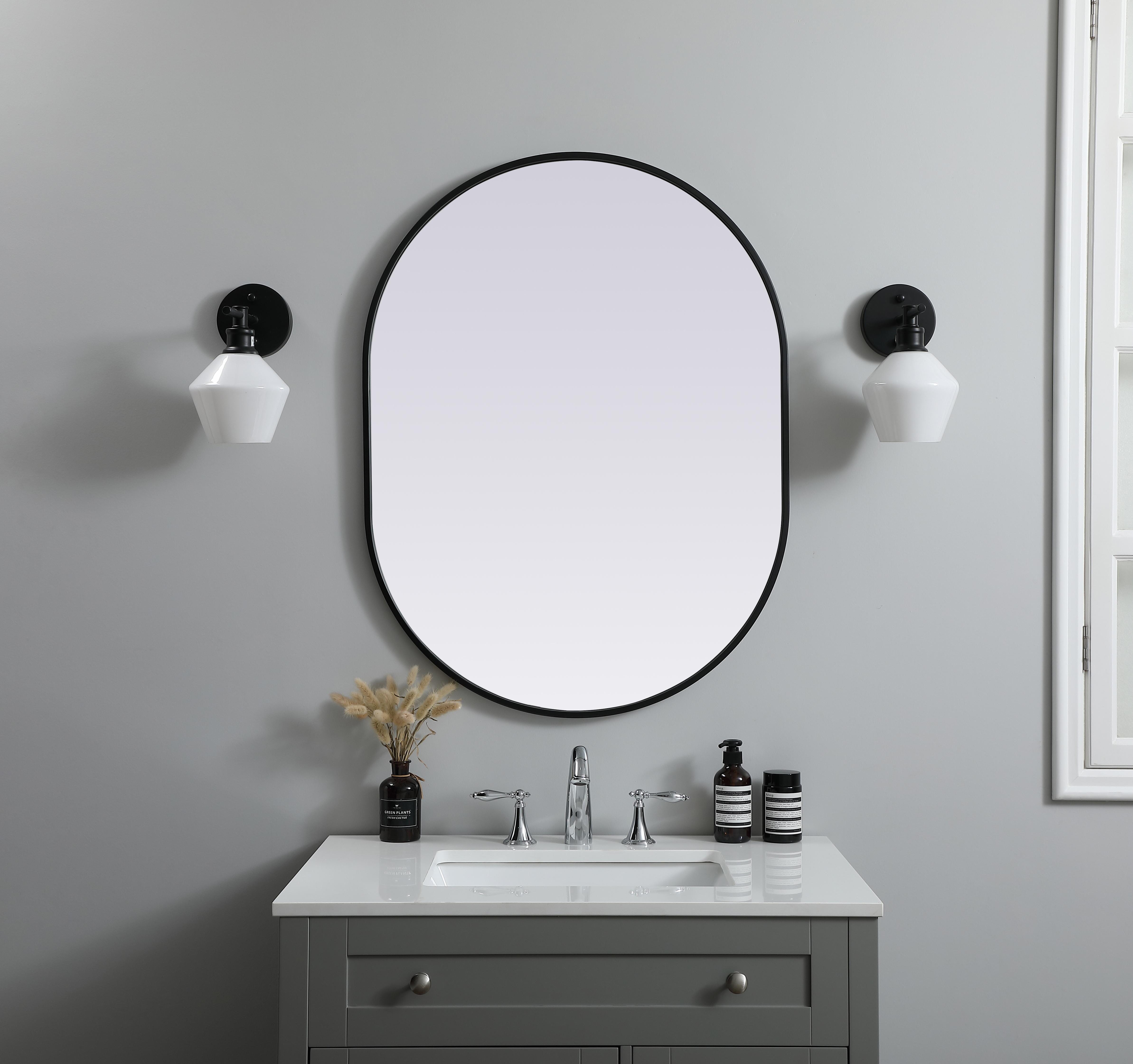 Specification Sheet
Dimensions
Length: 36"
Width: 27"
Height: 36"
Depth: 1"
Specifications
Assembly Required: NO
Distressed Finish: No
Finish (Color): Black
Fixture Material: Iron and MDF
Frameless: NO
Mirror Frame Shape: Oval
Mirror Hanging Orientation: Vertical and Horizontal
Mirror Mounting: Metal Inset hanger
Mirror Type: Flat
Product Shape: Oval
Product Type: Decorative Mirrors
Product Warranty: 1 year limited
Weight: 15.32
Wire Included: No
Shipment type: small parcel
US Shipping Cost: $26.00 - alternate view