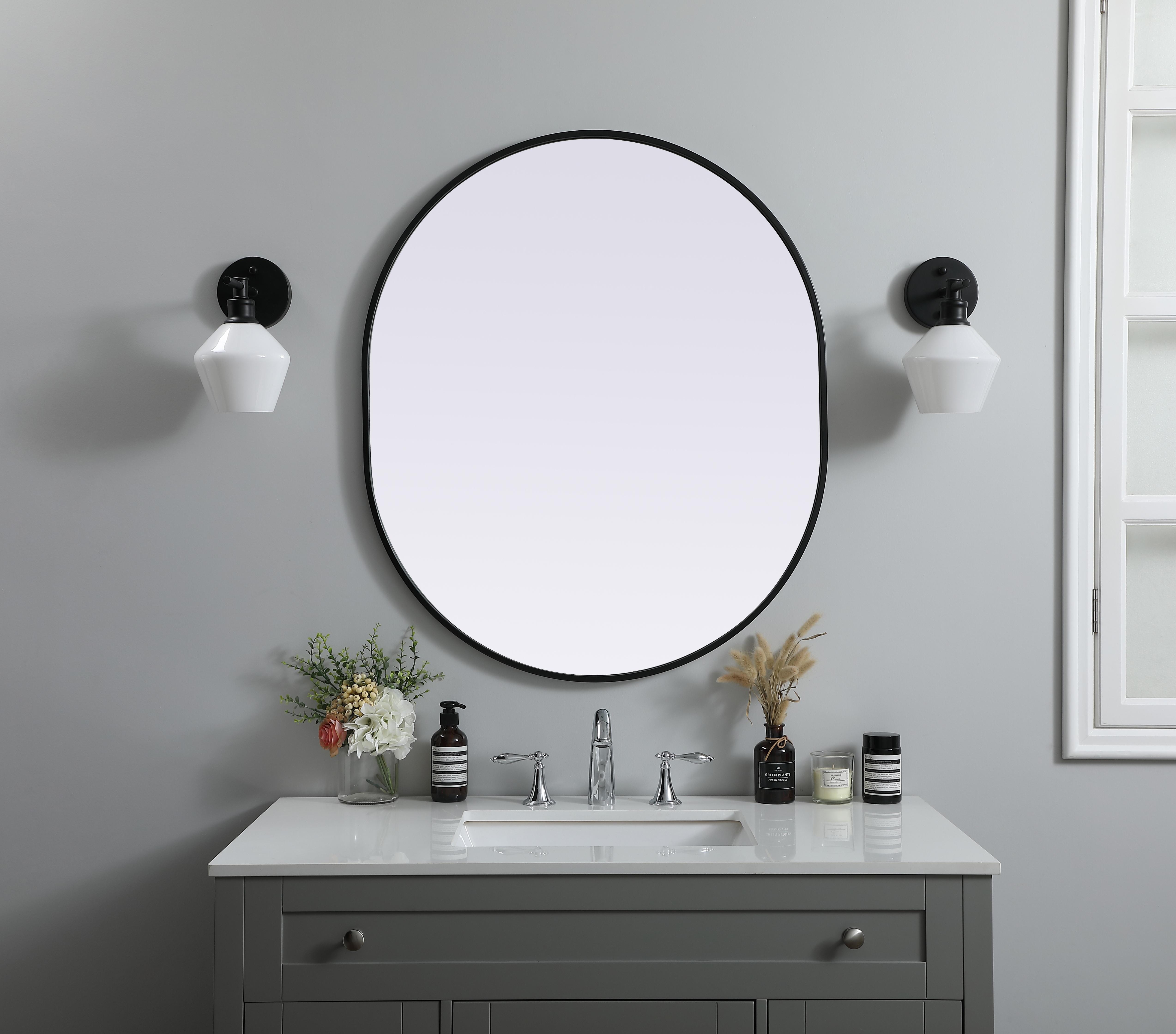 Specification Sheet
Dimensions
Length: 36"
Width: 30"
Height: 36"
Depth: 1"
Specifications
Assembly Required: NO
Distressed Finish: No
Finish (Color): Black
Fixture Material: Iron and MDF
Frameless: NO
Mirror Frame Shape: Oval
Mirror Hanging Orientation: Vertical and Horizontal
Mirror Mounting: Metal Inset hanger
Mirror Type: Flat
Product Shape: Oval
Product Type: Decorative Mirrors
Product Warranty: 1 year limited
Weight: 16.46
Wire Included: No
Shipment type: small parcel
US Shipping Cost: $25.00 - alternate view