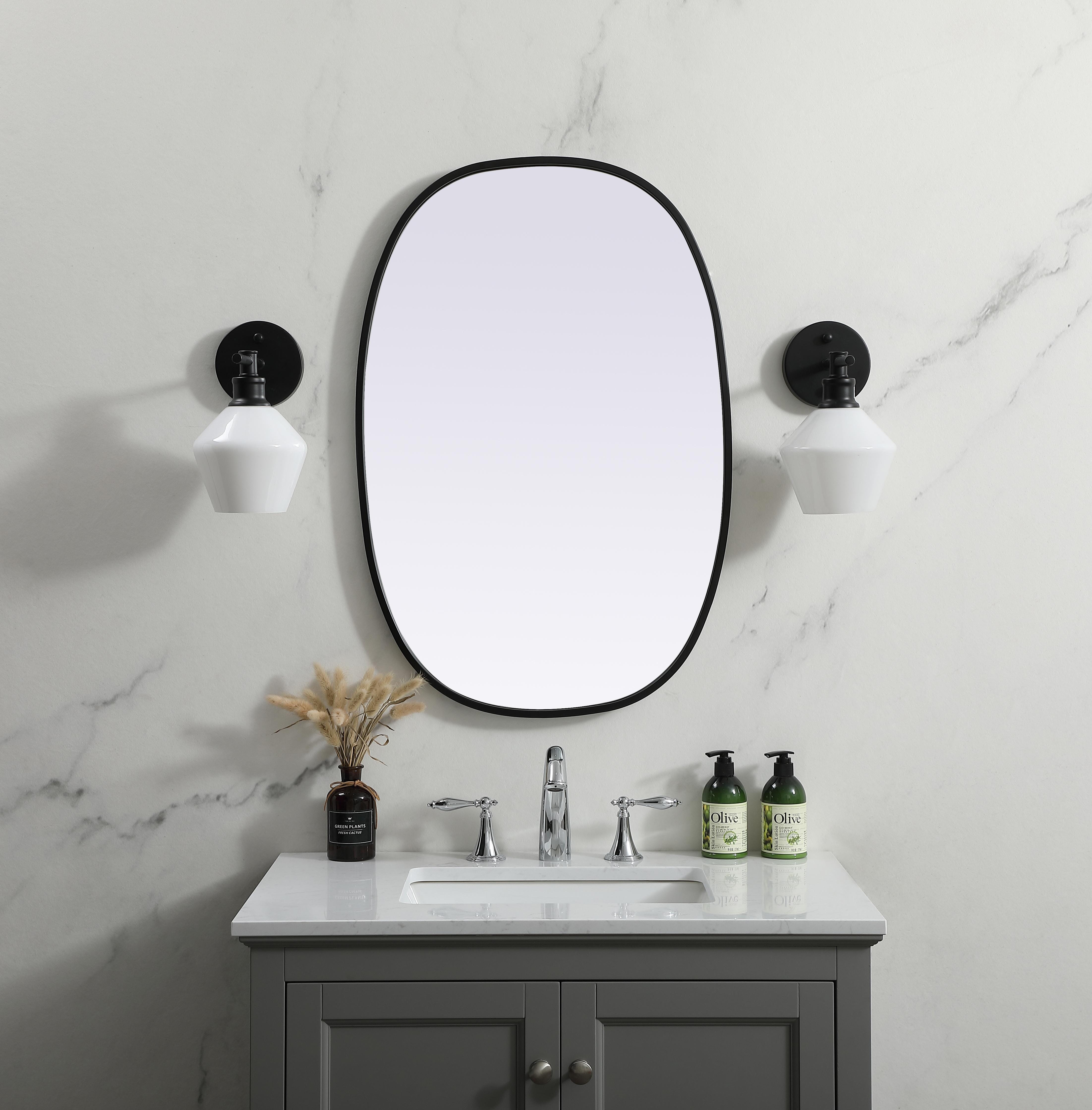 Specification Sheet
Dimensions
Length: 30"
Width: 20"
Height: 30"
Depth: 1"
Specifications
Assembly Required: NO
Distressed Finish: No
Finish (Color): Black
Fixture Material: Iron and MDF
Frameless: NO
Mirror Frame Shape: Oval
Mirror Hanging Orientation: Vertical and Horizontal
Mirror Mounting: Metal Inset hanger
Mirror Type: Flat
Product Shape: Oval
Product Type: Decorative Mirrors
Product Warranty: 1 year limited
Weight: 10.20
Wire Included: No
Shipment type: small parcel
US Shipping Cost: $13.00 - alternate view