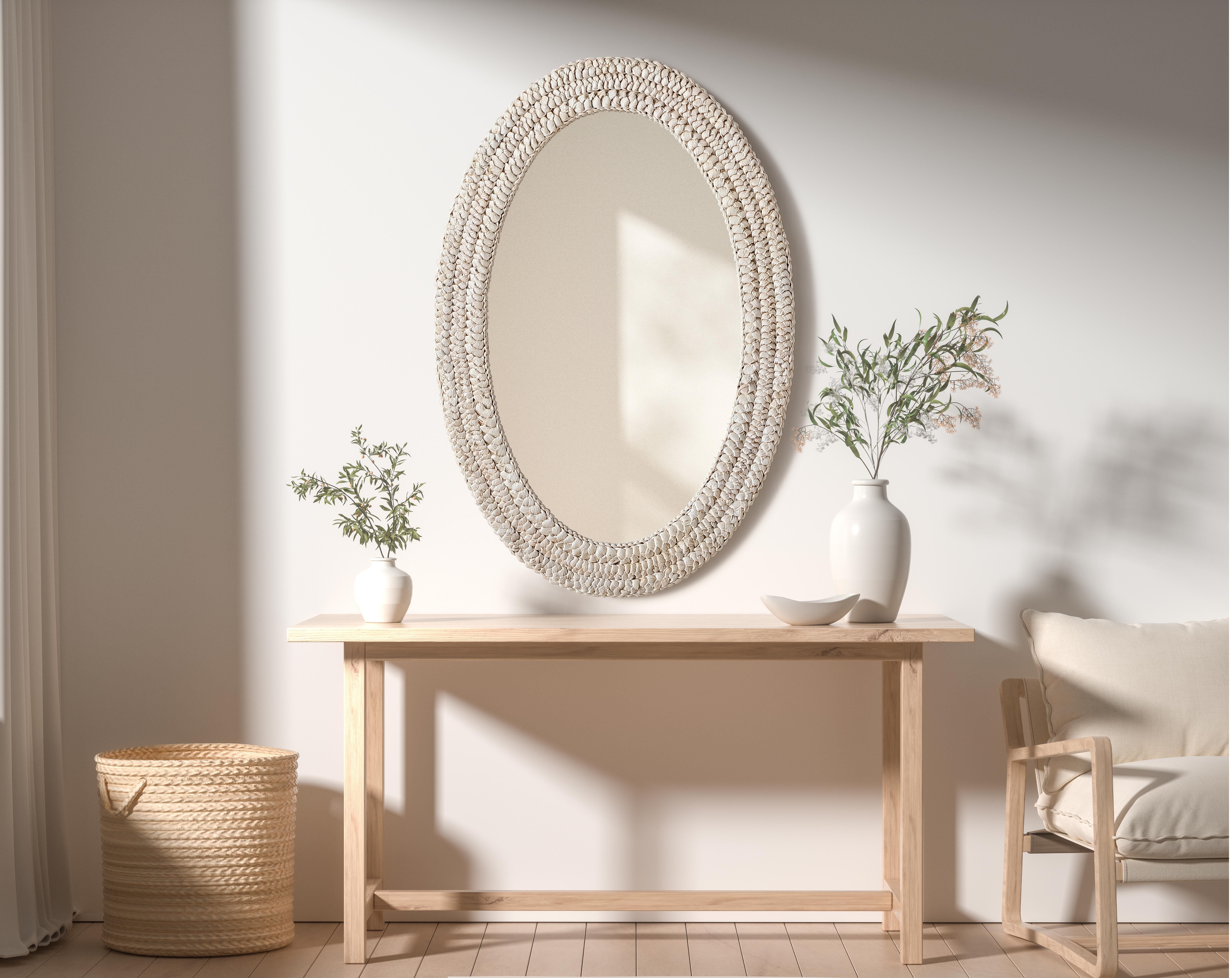 Dimensions
Width: 24"
Height: 36"
Extension: 1"
Specifications
Assembly Required: NO
Distressed Finish: No
Finish (Color): Linen White
Mirror Material: MDF+Corn husk+Mirror
Frameless: NO
Mirror Frame Shape: Oval
Mirror Hanging Orientation: Vertical and Horizontal
Mirror Mounting: Metal Inset hanger
Product Shape: Oval
Product Type: Decorative Mirrors
Product Warranty: 1 year limited
17
Wire Included: No
Shipment type: Small Parcel - alternate view