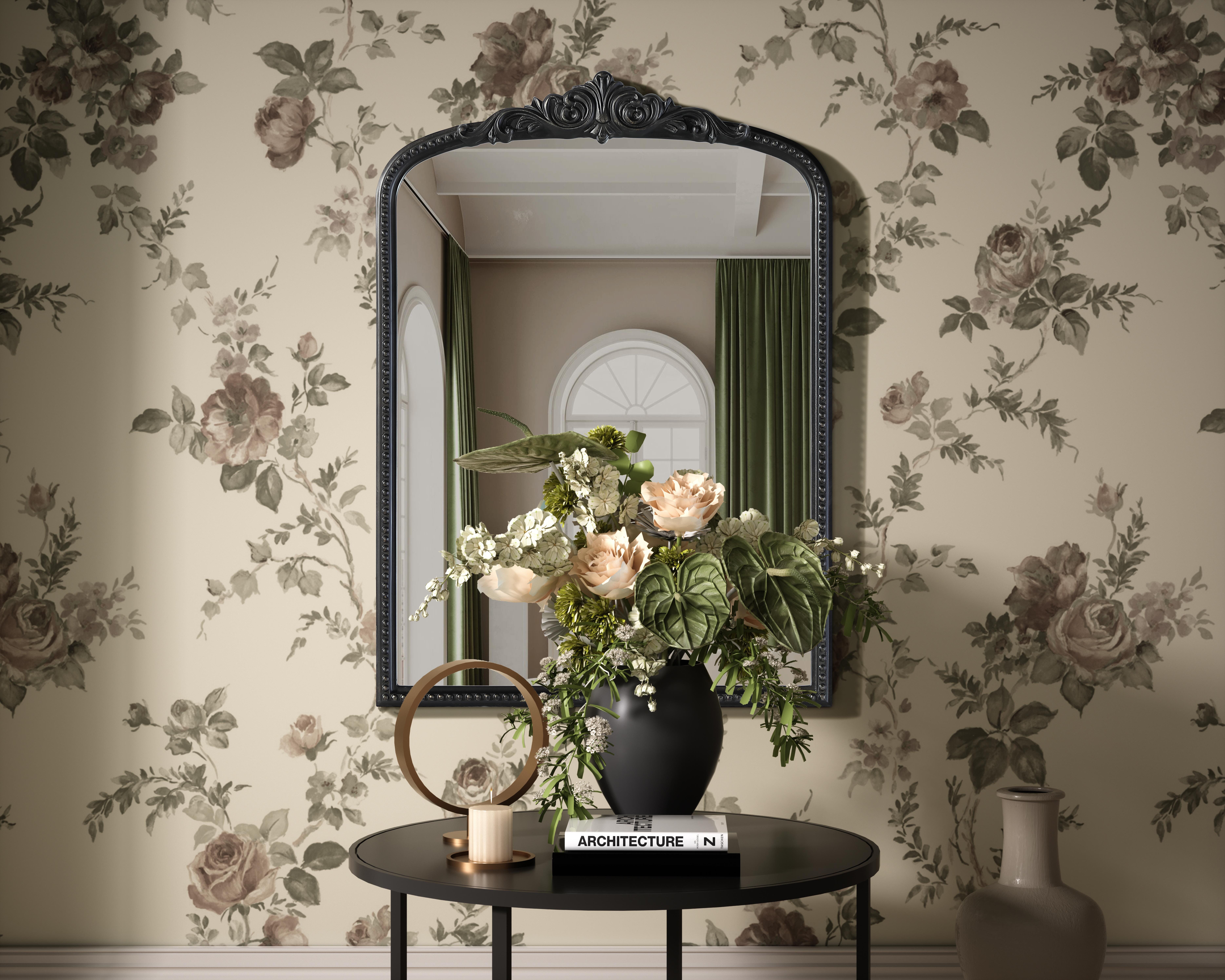 Bring classic charm and vintage character to your home with this arched wall mirror in a distressed vintage bronze finish. The hand-painted frame showcases ornate scroll and floral detailing, creating a refined, old-world aesthetic. Crafted from resin with an MDF backing board, this mirror is lightweight yet durable. Designed for vertical hanging only, it includes two metal inset hangers for easy installation (hardware not included). Whether placed above a fireplace mantel, in an entryway, or as an accent piece in a living room, this mirror enhances the space with its architectural beauty. Available in multiple sizes and an alternative antique brass finish, it is a versatile addition to classic, vintage, or French-inspired interiors. Collection: Naomi Rooms: entry way, living room, dining room, bedroom, office Finish: Vintage Bronze Width: 30.00" Height: 42.00" Weight: 24.00 lb Material: Resin Country of Origin: Vietnam Manufacturer Warranty: 1 year limited - alternate view