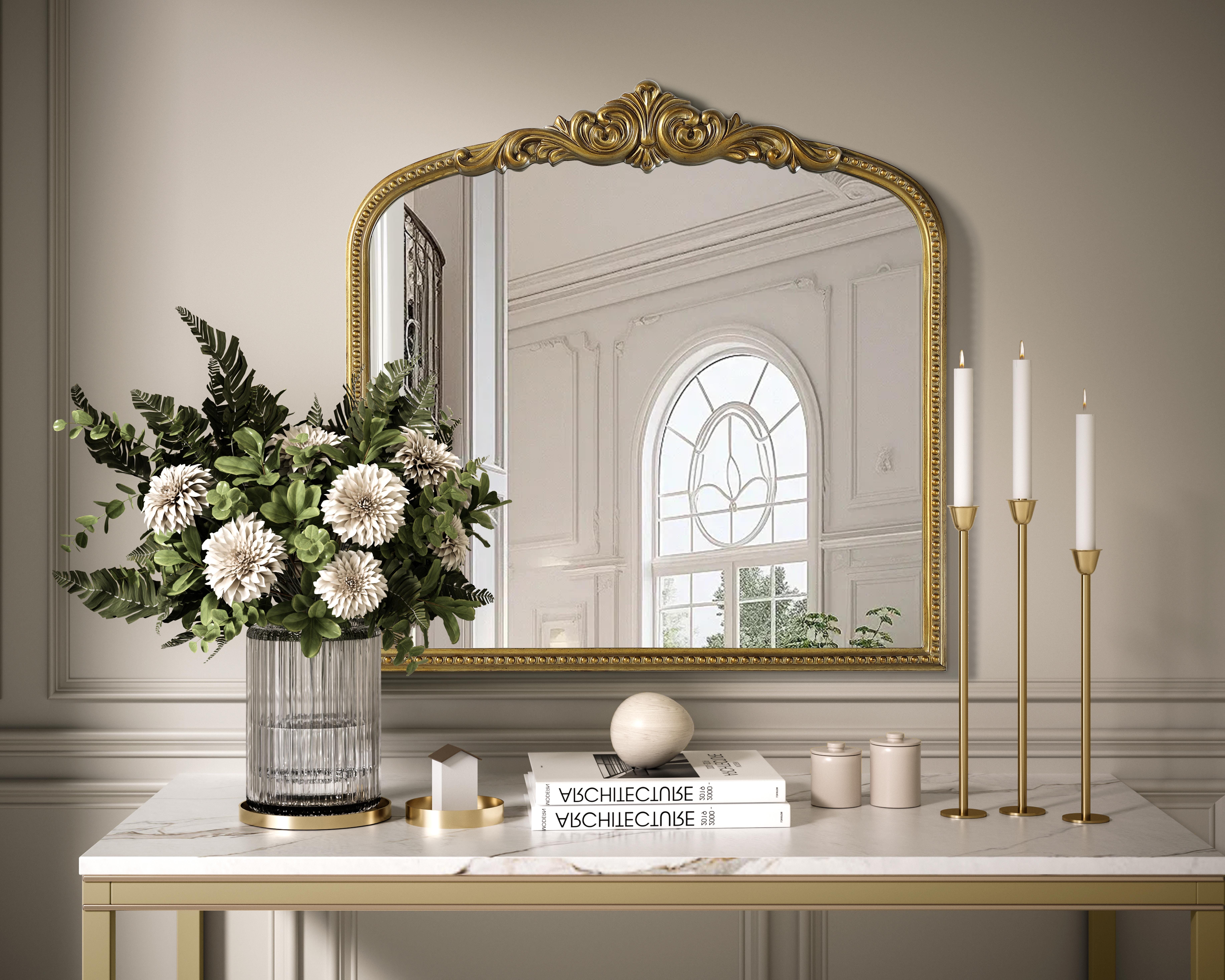 Dimensions
Width: 36"
Height: 36"
Depth: 1.4"
Specifications
Assembly Required: No
Distressed Finish: Yes
Finish (Color): Antique Brass
Mirror Material: Resin
Frameless: No
Hardware Finish: Nickel
Harware Material: Metal
Mirror Frame Shape: Rectangle
Mirror Hanging Orientation: Vertical
Mirror Mounting: Metal Inset hanger
Mirror Type: Resin wall mirror
Product Shape: Rectangle
Product Type: Decorative Mirrors
Product Warranty: 1 year limited
#N/A
32
Wire Included: No
Shipment type: Small Parcel - alternate view
