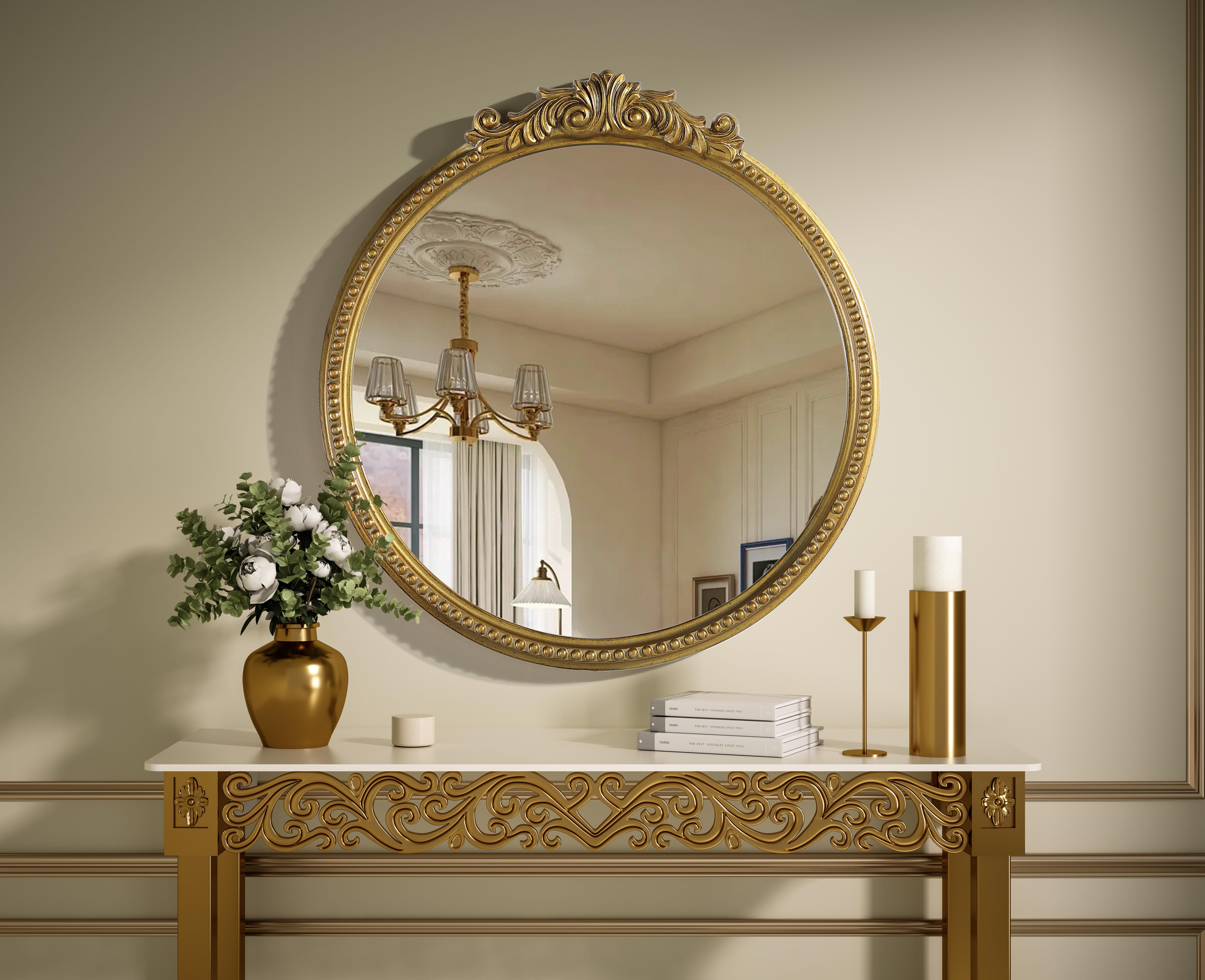 Dimensions
Width: 24"
Height: 25.6"
Depth: 1.4"
Specifications
Assembly Required: No
Distressed Finish: Yes
Finish (Color): Antique Brass
Mirror Material: Resin
Frameless: No
Hardware Finish: Nickel
Harware Material: Metal
Mirror Frame Shape: Round
Mirror Hanging Orientation: Vertical
Mirror Mounting: Metal Inset hanger
Mirror Type: Resin wall mirror
Product Shape: Round
Product Type: Decorative Mirrors
Product Warranty: 1 year limited
#N/A
14
Wire Included: No
Shipment type: Small Parcel - alternate view