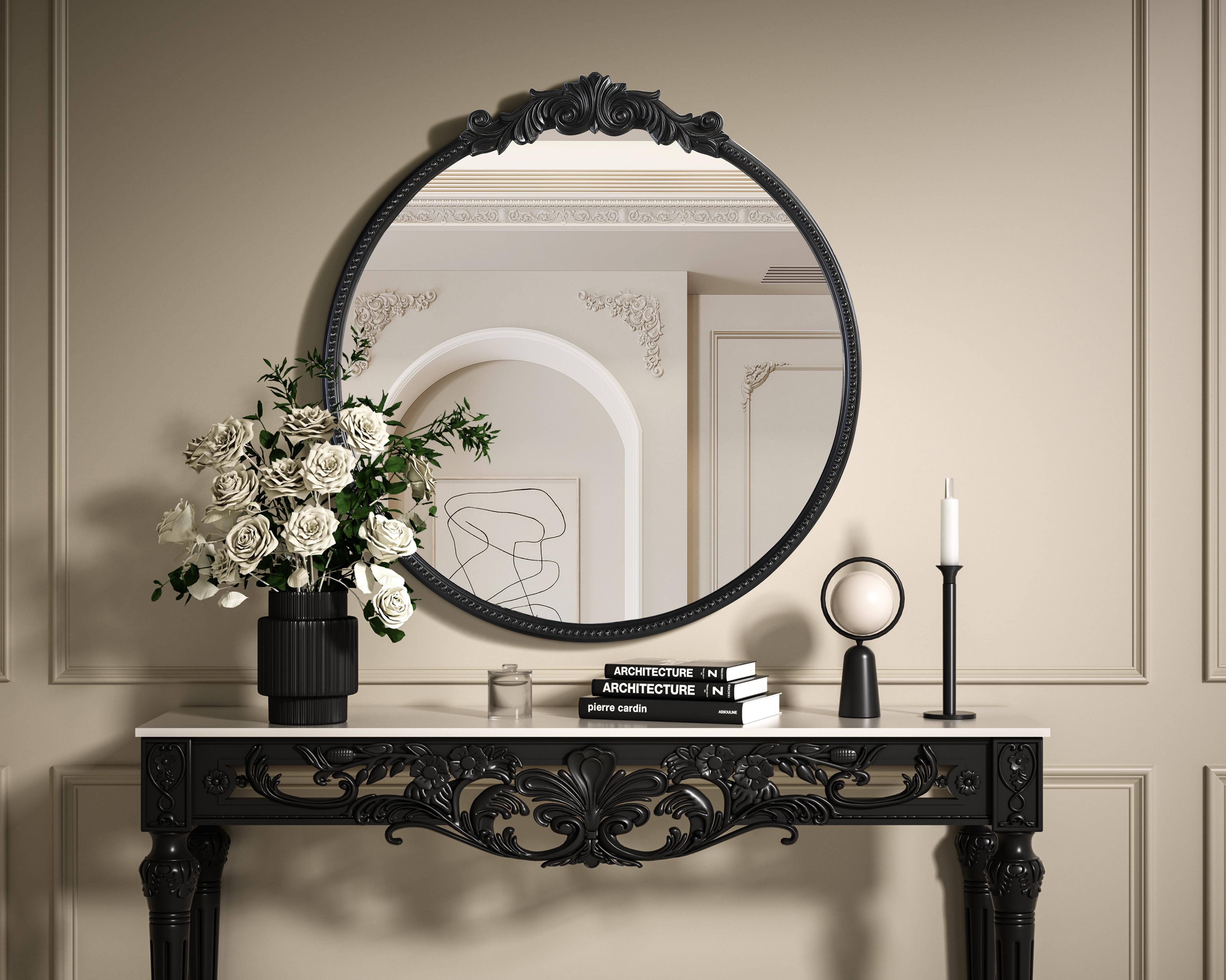 Dimensions
Width: 42"
Height: 45"
Depth: 1.4"
Specifications
Assembly Required: No
Distressed Finish: Yes
Finish (Color): Vintage Bronze
Mirror Material: Resin
Frameless: No
Hardware Finish: Nickel
Harware Material: Metal
Mirror Frame Shape: Round
Mirror Hanging Orientation: Vertical
Mirror Mounting: Metal Inset hanger
Mirror Type: Resin wall mirror
Product Shape: Round
Product Type: Decorative Mirrors
Product Warranty: 1 year limited
#N/A
39
Wire Included: No
Shipment type: Oversized Ground - alternate view