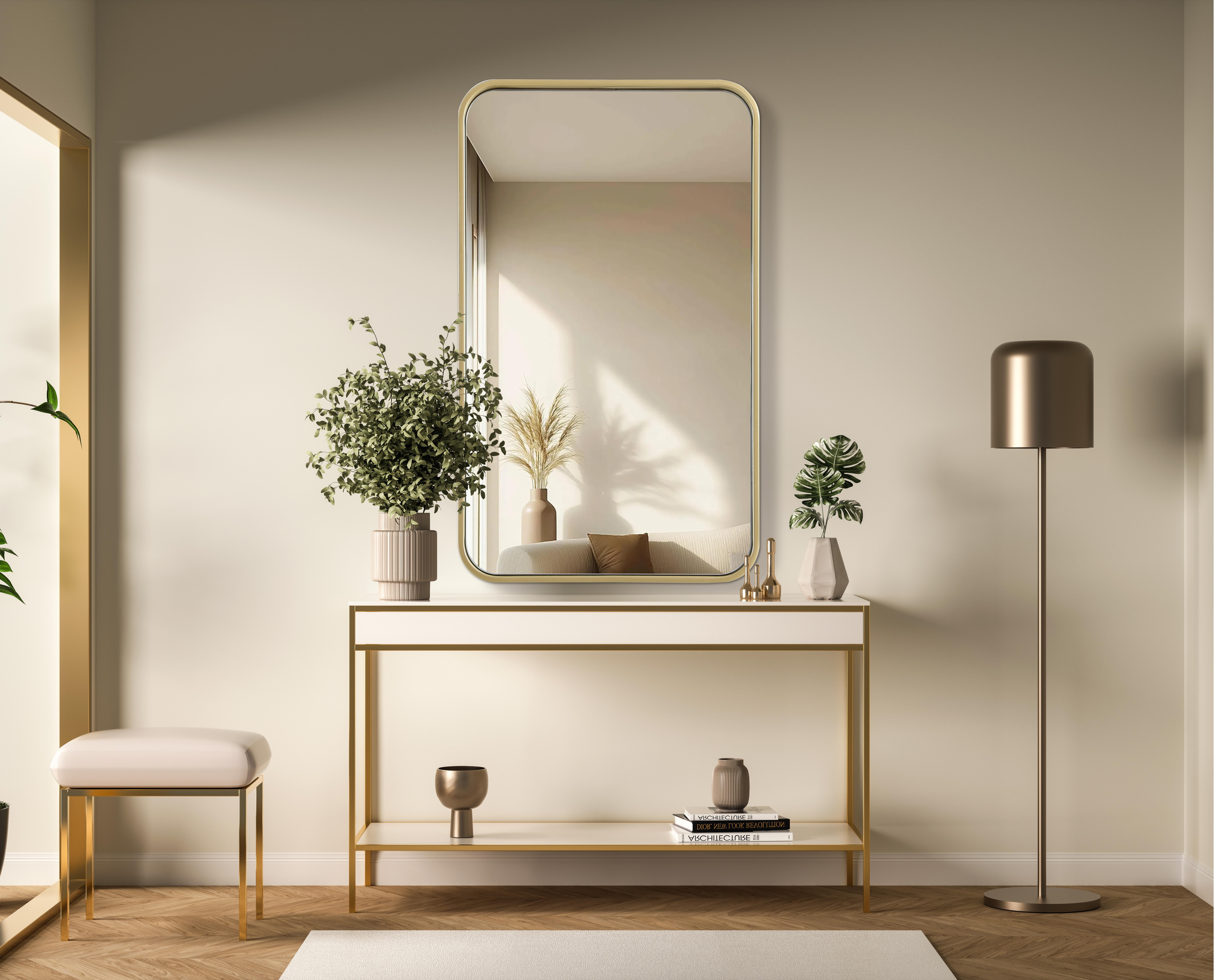 Elevate your home décor with this versatile wall mirror that combines functionality and modern design. Made from a sturdy combination of MDF, iron, and reflective mirror glass, this piece is built to last while adding a polished finish to any room. The extended depth of the frame not only provides a striking dimensional effect but also ensures the mirror's presence commands attention as a focal point. Whether you're decorating a bedroom, bathroom, or entryway, its diverse shapes—including rectangle and square—offer plenty of options to suit your style. The hand-painted black, brass, or silver finish brings a subtle yet striking touch, complemented by rounded corners for a smooth and contemporary aesthetic. With four metal inset hangers, it's ready to hang vertically or horizontally, ensuring flexibility for any layout. Available in multiple sizes, this mirror is a statement piece that blends seamlessly into both modern and classic spaces. Collection: Remy Rooms: Hallway, Living room, Bedroom, Entry Way, Office Finish: Brass Width: 18.00" Height: 30.00" Weight: 14.00 lb Extension from Wall: 2.00" Material: Iron and MDF Country of Origin: China Manufacturer Warranty: 1 year limited - alternate view