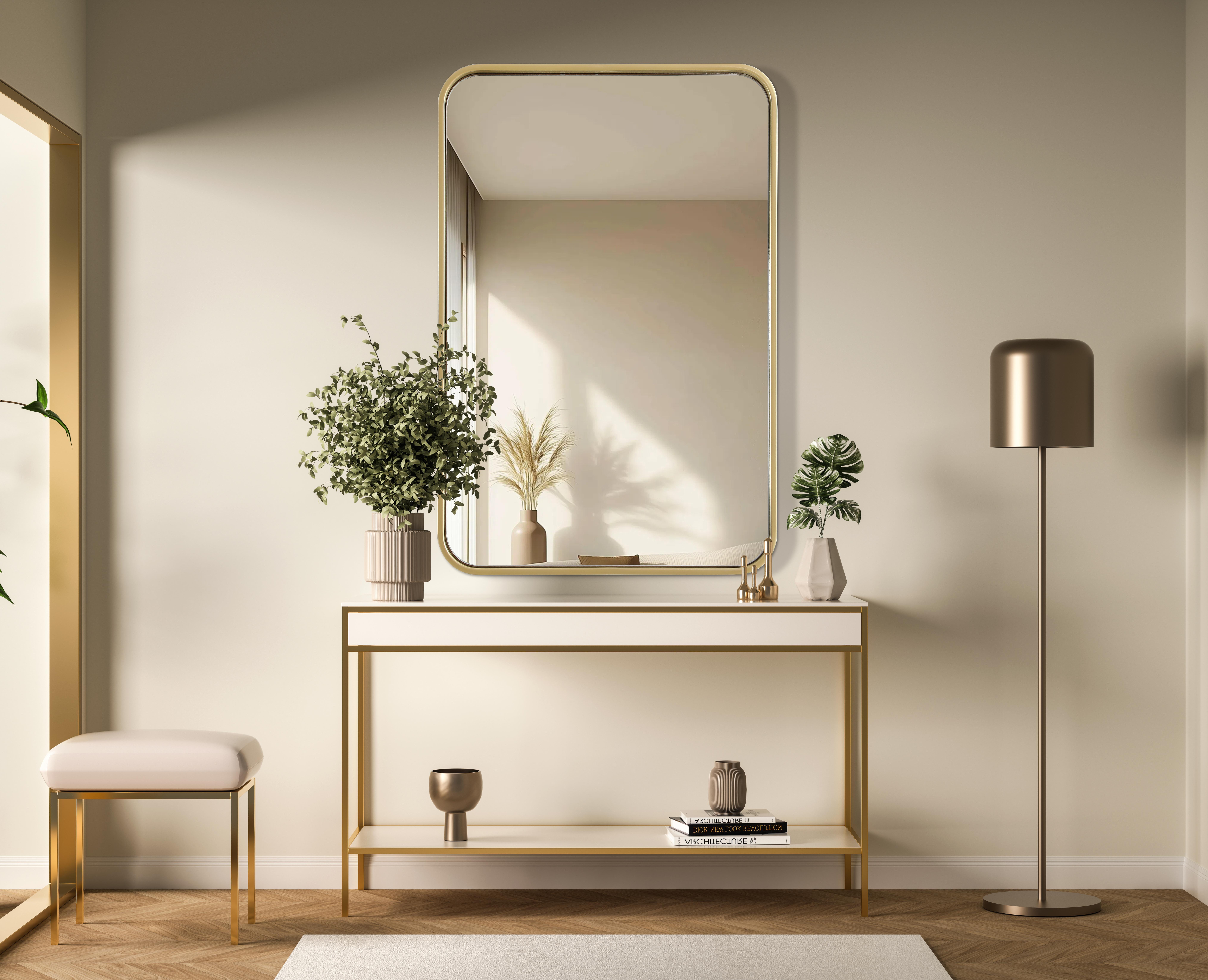 Elevate your home décor with this versatile wall mirror that combines functionality and modern design. Made from a sturdy combination of MDF, iron, and reflective mirror glass, this piece is built to last while adding a polished finish to any room. The extended depth of the frame not only provides a striking dimensional effect but also ensures the mirror's presence commands attention as a focal point. Whether you're decorating a bedroom, bathroom, or entryway, its diverse shapes—including rectangle and square—offer plenty of options to suit your style. The hand-painted black, brass, or silver finish brings a subtle yet striking touch, complemented by rounded corners for a smooth and contemporary aesthetic. With four metal inset hangers, it's ready to hang vertically or horizontally, ensuring flexibility for any layout. Available in multiple sizes, this mirror is a statement piece that blends seamlessly into both modern and classic spaces. Collection: Remy Rooms: Hallway, Living room, Bedroom, Entry Way, Office Finish: Brass Width: 20.00" Height: 30.00" Weight: 16.00 lb Extension from Wall: 2.00" Material: Iron and MDF Country of Origin: China Manufacturer Warranty: 1 year limited - alternate view