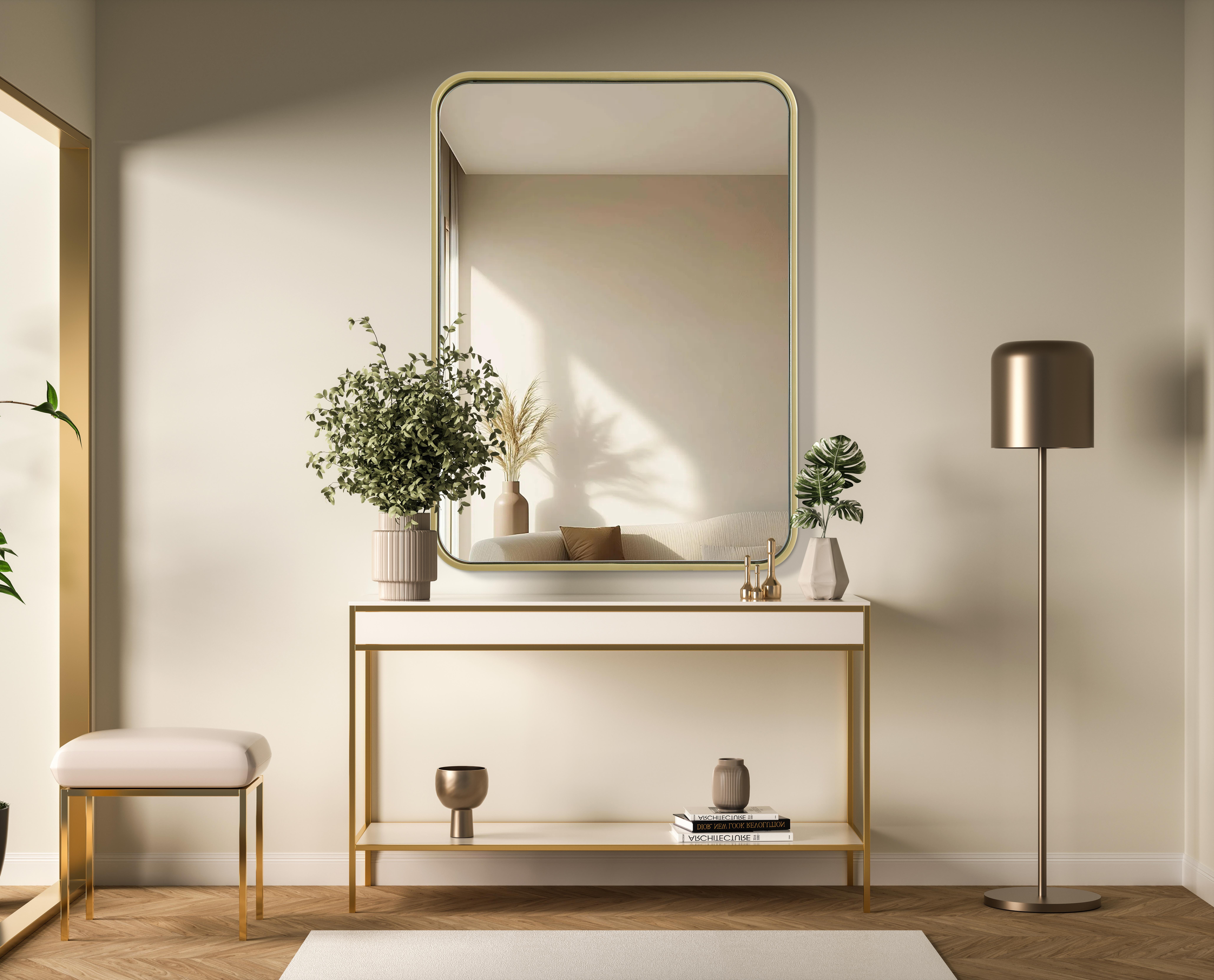 Elevate your home décor with this versatile wall mirror that combines functionality and modern design. Made from a sturdy combination of MDF, iron, and reflective mirror glass, this piece is built to last while adding a polished finish to any room. The extended depth of the frame not only provides a striking dimensional effect but also ensures the mirror's presence commands attention as a focal point. Whether you're decorating a bedroom, bathroom, or entryway, its diverse shapes—including rectangle and square—offer plenty of options to suit your style. The hand-painted black, brass, or silver finish brings a subtle yet striking touch, complemented by rounded corners for a smooth and contemporary aesthetic. With four metal inset hangers, it's ready to hang vertically or horizontally, ensuring flexibility for any layout. Available in multiple sizes, this mirror is a statement piece that blends seamlessly into both modern and classic spaces. Collection: Remy Rooms: Hallway, Living room, Bedroom, Entry Way, Office Finish: Brass Width: 22.00" Height: 30.00" Weight: 17.00 lb Extension from Wall: 2.00" Material: Iron and MDF Country of Origin: China Manufacturer Warranty: 1 year limited - alternate view
