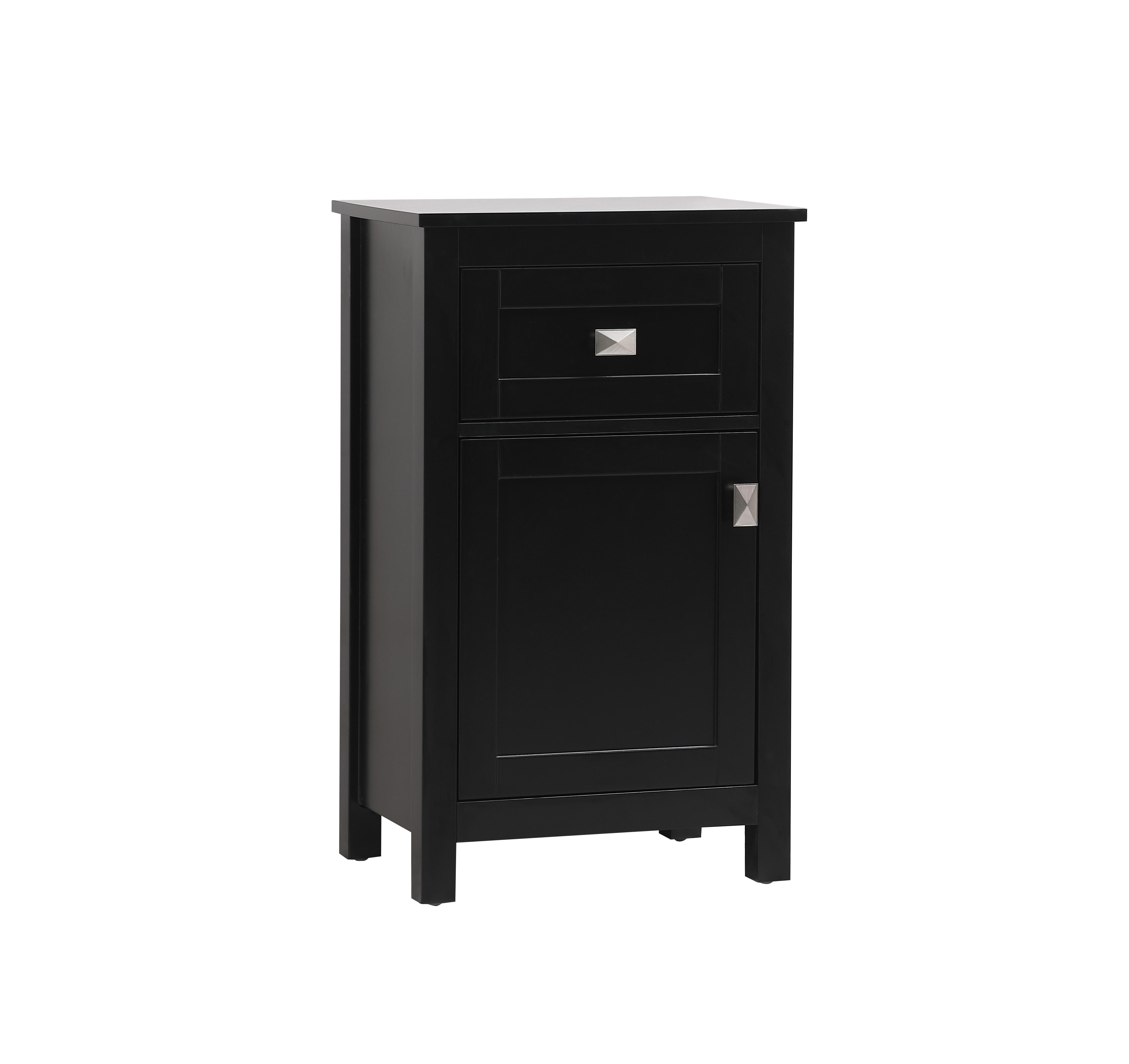 Specification Sheet
Dimensions
Length: 18"
Width: 13"
Height: 30"
Table Top Width: 18"
Specifications
Assembly Required: NO
Distressed Finish: NO
Finish (Color): Black
Cabinet Material: MDF
Hardware Finish: Brushed nickel
Harware Material: Zinc Alloy
Product Shape: Rectangle
Product Type: Bathroom Storage Cabinet
Product Warranty: 1 year limited
Weight: 35
Wire Included: No
Wood Type: MDF
Shipment type: Small Parcel
US Shipping Cost: $39.00
Drawers
Drawers Included: YES
Number of Drawers: 1
False Drawers: NO
Drawer Width: 13.9
Drawer Depth: 10.43
Drawer Height: 6.61
Drawer Handle Designs: Bar pull
Shelves
Number of Shelves: 0
Cabinets
Number of Cabinets: 1
Cabinet Interior Width: 13.9
Cabinet Interior Depth: 11.02
Cabinet Interior Height: 15.91 - alternate view