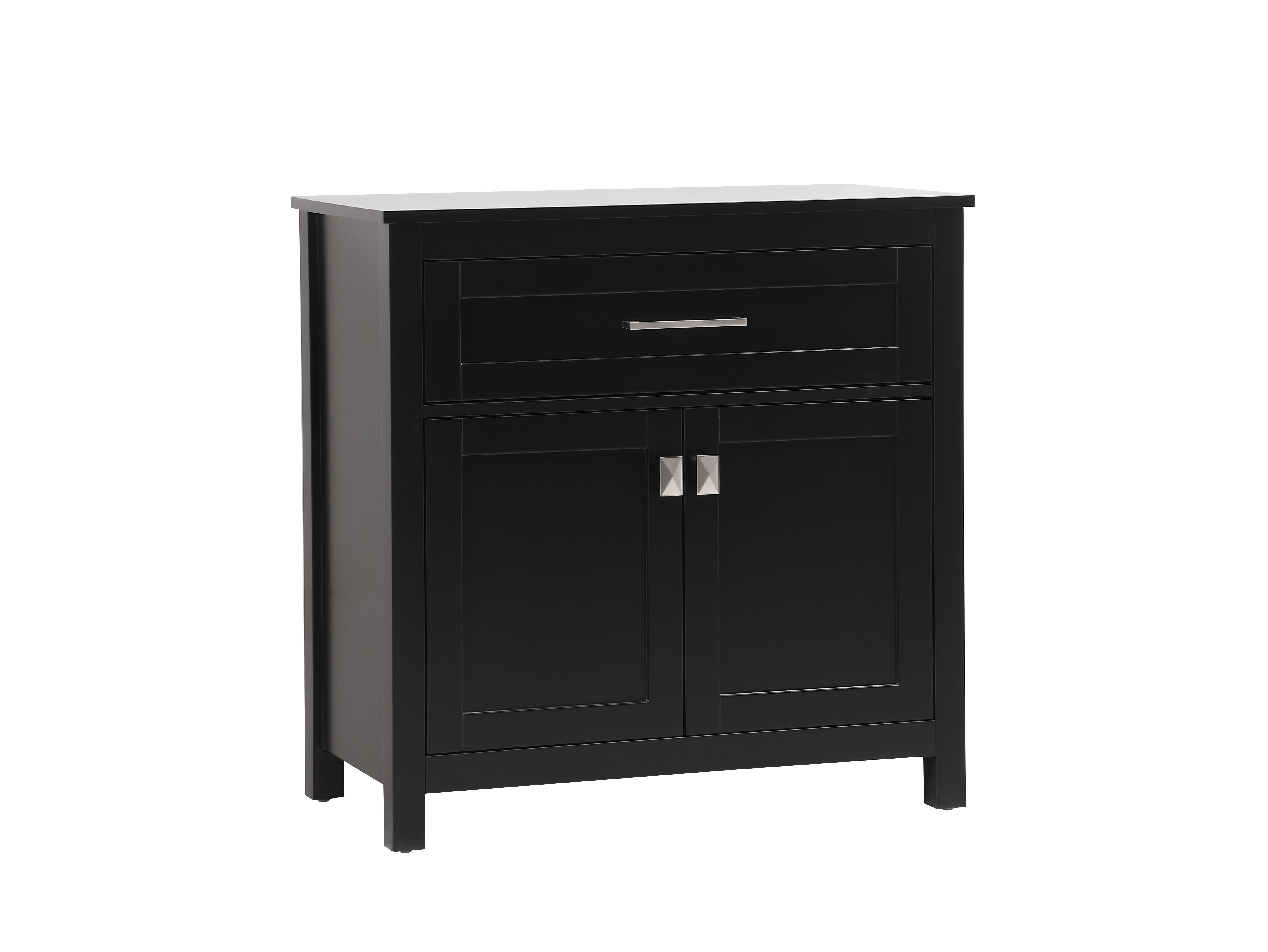 Specification Sheet
Dimensions
Length: 30"
Width: 16"
Height: 30"
Table Top Width: 30"
Specifications
Assembly Required: NO
Distressed Finish: NO
Finish (Color): Black
Cabinet Material: MDF
Hardware Finish: Brushed nickel
Harware Material: Zinc Alloy
Product Shape: Rectangle
Product Type: Bathroom Storage Cabinet
Product Warranty: 1 year limited
Weight: 54
Wire Included: No
Wood Type: MDF
Shipment type: Oversized Ground
US Shipping Cost: $121.00
Drawers
Drawers Included: YES
Number of Drawers: 1
False Drawers: NO
Drawer Width: 25.83
Drawer Depth: 14.37
Drawer Height: 6.61
Drawer Handle Designs: Bar pull
Shelves
Number of Shelves: 0
Cabinets
Number of Cabinets: 1
Cabinet Interior Width: 26.93
Cabinet Interior Depth: 13.98
Cabinet Interior Height: 15.91 - alternate view