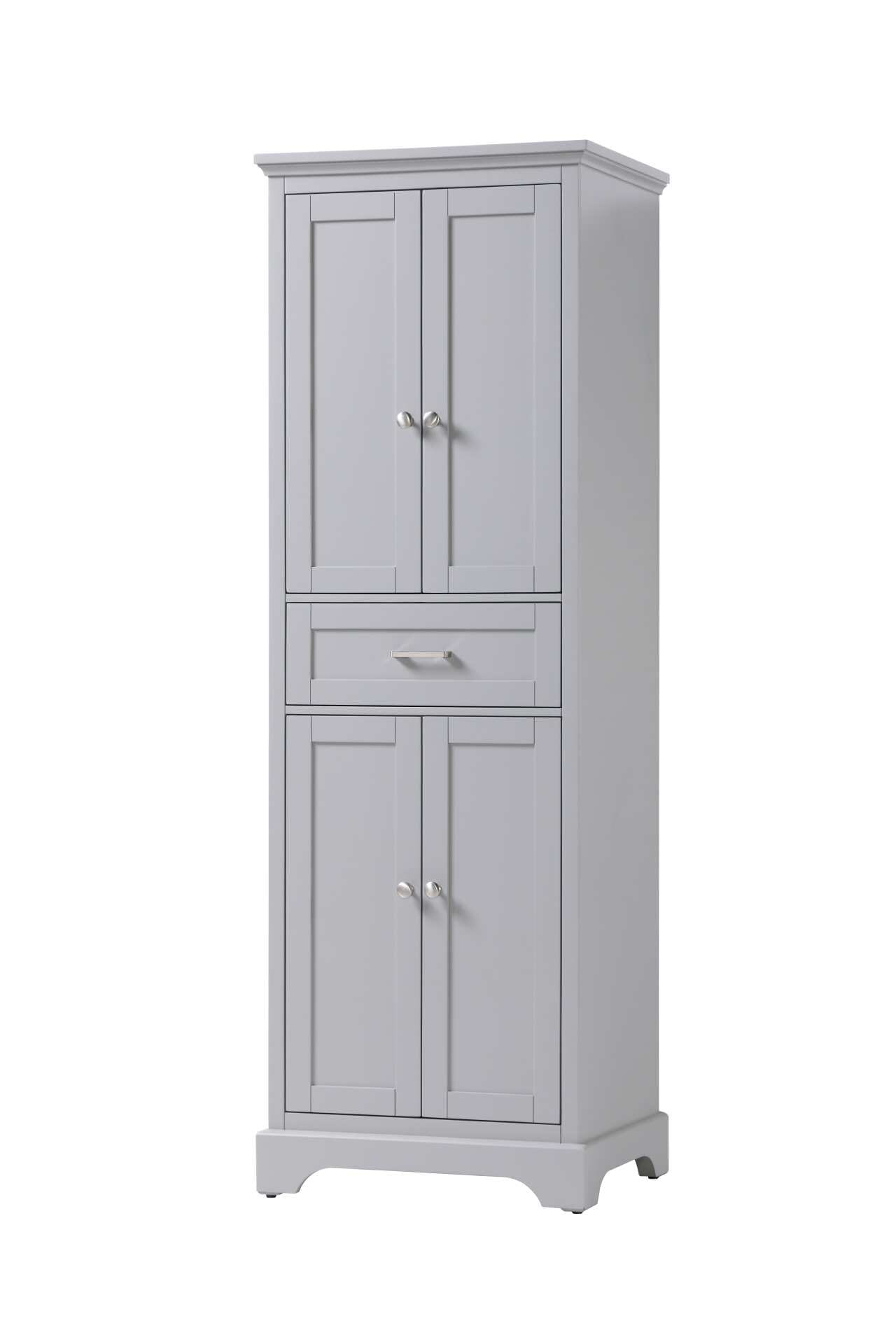 Specification Sheet
Dimensions
Length: 24"
Width: 20"
Height: 72"
Table Top Width: 24"
Specifications
Assembly Required: NO
Distressed Finish: NO
Finish (Color): Grey
Cabinet Material: Solid Wood and MDF
Hardware Finish: Brushed nickel
Harware Material: Aluminum alloy
Product Shape: Rectangle
Product Type: Bathroom Storage Cabinet
Product Warranty: 1 year limited
158
Wire Included: No
Wood Type: Rubberwood
Shipment type: LTL
Drawers
Drawers Included: Yes
Number of Drawers: 1
False Drawers: NO
Drawer Width: 19.8
Drawer Depth: 14
Drawer Height: 7
Drawer Handle Designs: Bar pulls
Shelves
Number of Shelves: 2
Shelf Width: 20.1
Cabinets
Number of Cabinets: 2
Cabinet Interior Width: 20.1
Cabinet Interior Depth: 19.6
Cabinet Interior Height: 27.6 - alternate view