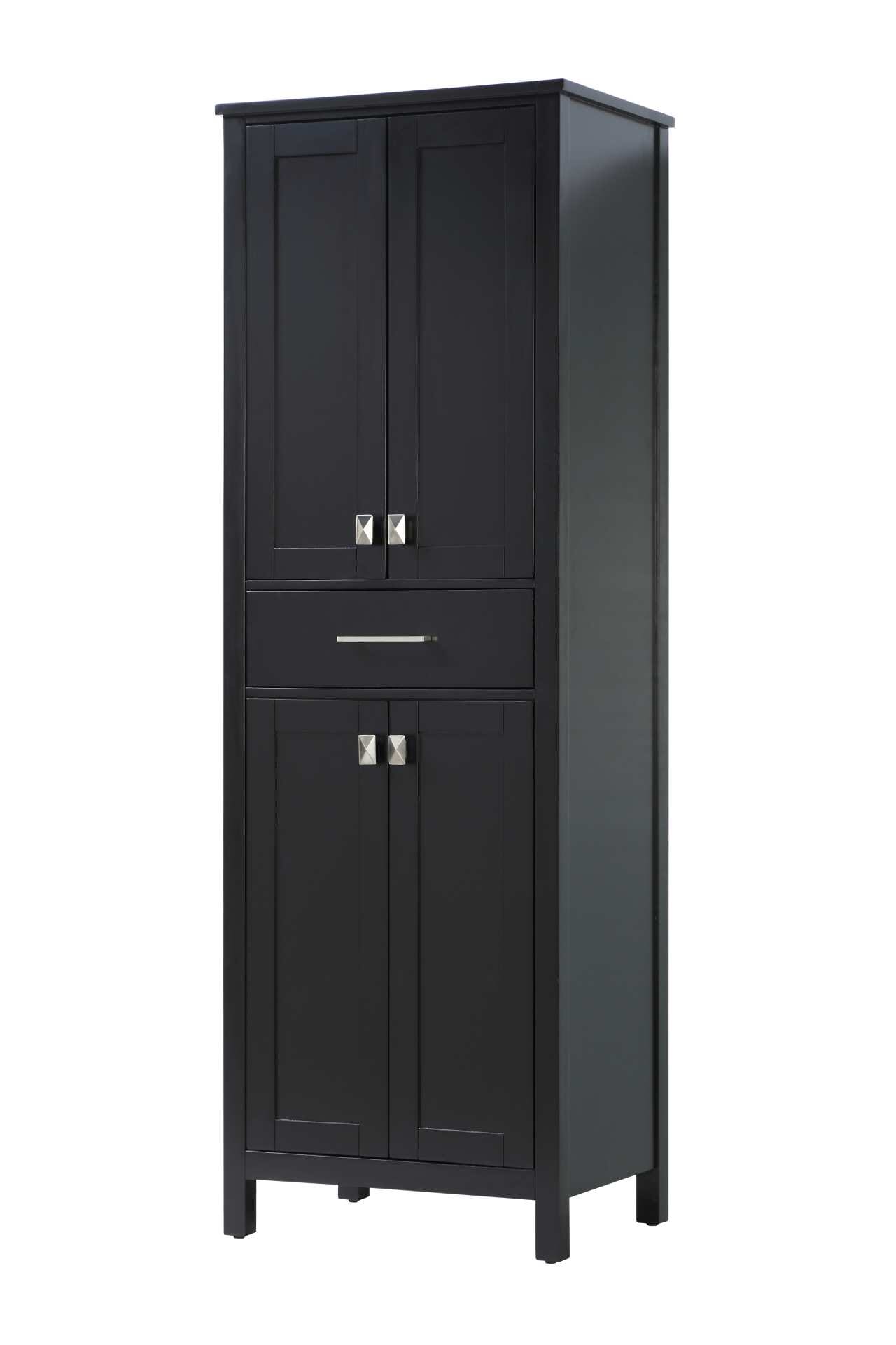 Specification Sheet
Dimensions
Length: 24"
Width: 18"
Height: 72"
Table Top Width: 24"
Specifications
Assembly Required: NO
Distressed Finish: NO
Finish (Color): Black
Cabinet Material: Solid Wood and MDF
Hardware Finish: Brushed nickel
Harware Material: Aluminum alloy
Product Shape: Rectangle
Product Type: Bathroom Storage Cabinet
Product Warranty: 1 year limited
145
Wire Included: No
Wood Type: Rubberwood
Shipment type: LTL
Drawers
Drawers Included: Yes
Number of Drawers: 1
False Drawers: NO
Drawer Width: 19.8
Drawer Depth: 14
Drawer Height: 6.1
Drawer Handle Designs: Bar pulls
Shelves
Number of Shelves: 2
Shelf Width: 20.1
Cabinets
Number of Cabinets: 2
Cabinet Interior Width: 20.1
Cabinet Interior Depth: 15.4
Cabinet Interior Height: 28.9 - alternate view