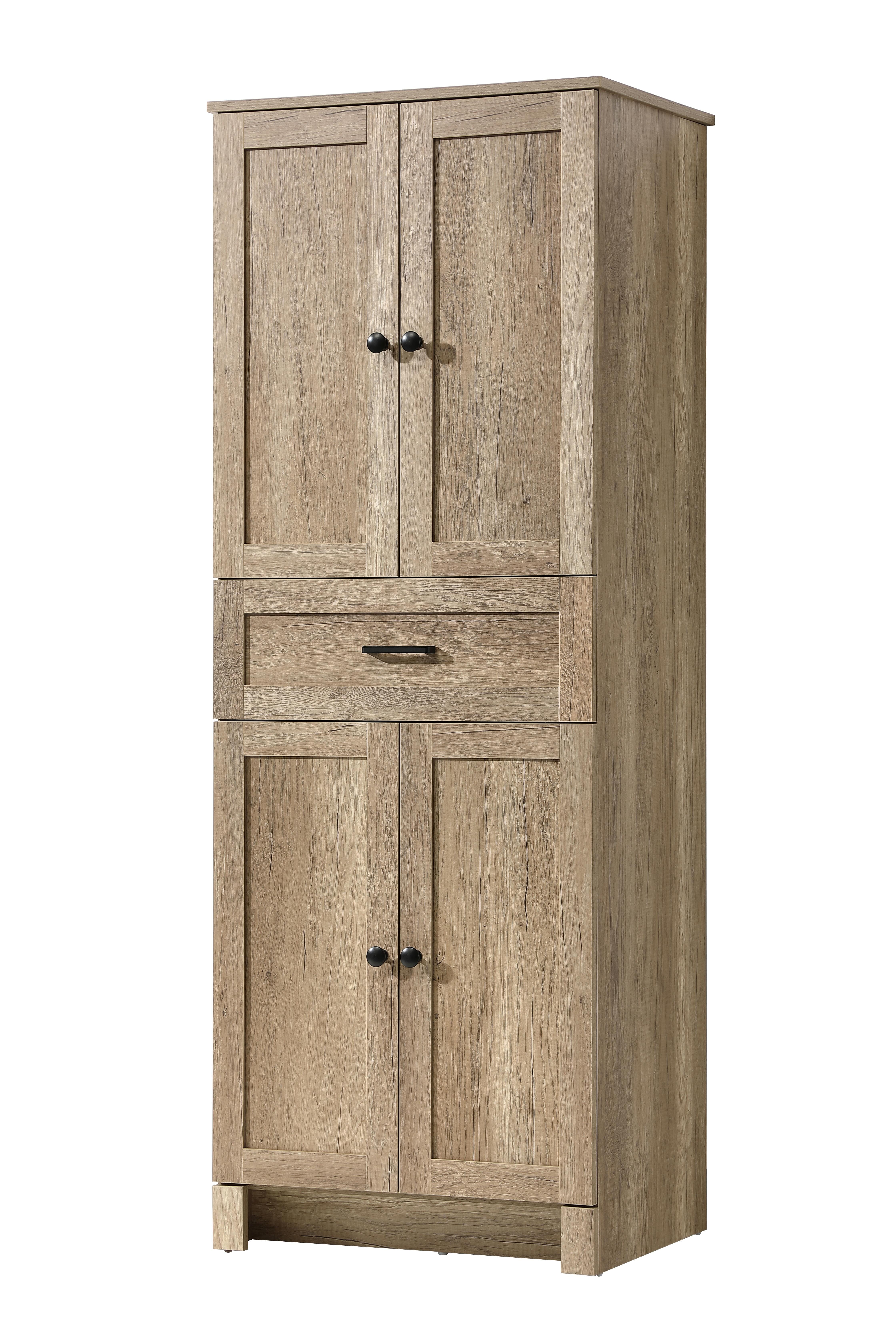 Specification Sheet
Dimensions
Length: 24"
Width: 18"
Height: 65"
Table Top Width: 24"
Specifications
Assembly Required: NO
Distressed Finish: NO
Finish (Color): Natural Oak
Cabinet Material: MDF
Hardware Finish: Black
Harware Material: Metal
Product Shape: Rectangle
Product Type: Bathroom Storage Cabinet
Product Warranty: 1 year limited
130
Wire Included: No
Shipment type: LTL
Drawers
Drawers Included: YES
Number of Drawers: 1
False Drawers: NO
Drawer Width: 23.23
Drawer Depth: 12.4
Drawer Height: 8.03
Drawer Handle Designs: Bar pull
Shelves
Number of Shelves: 2
Shelf Width: 21.97
Cabinets
Number of Cabinets: 2
Cabinet Interior Width: 21.97
Cabinet Interior Depth: 16.89
Cabinet Interior Height: 25.98 - alternate view
