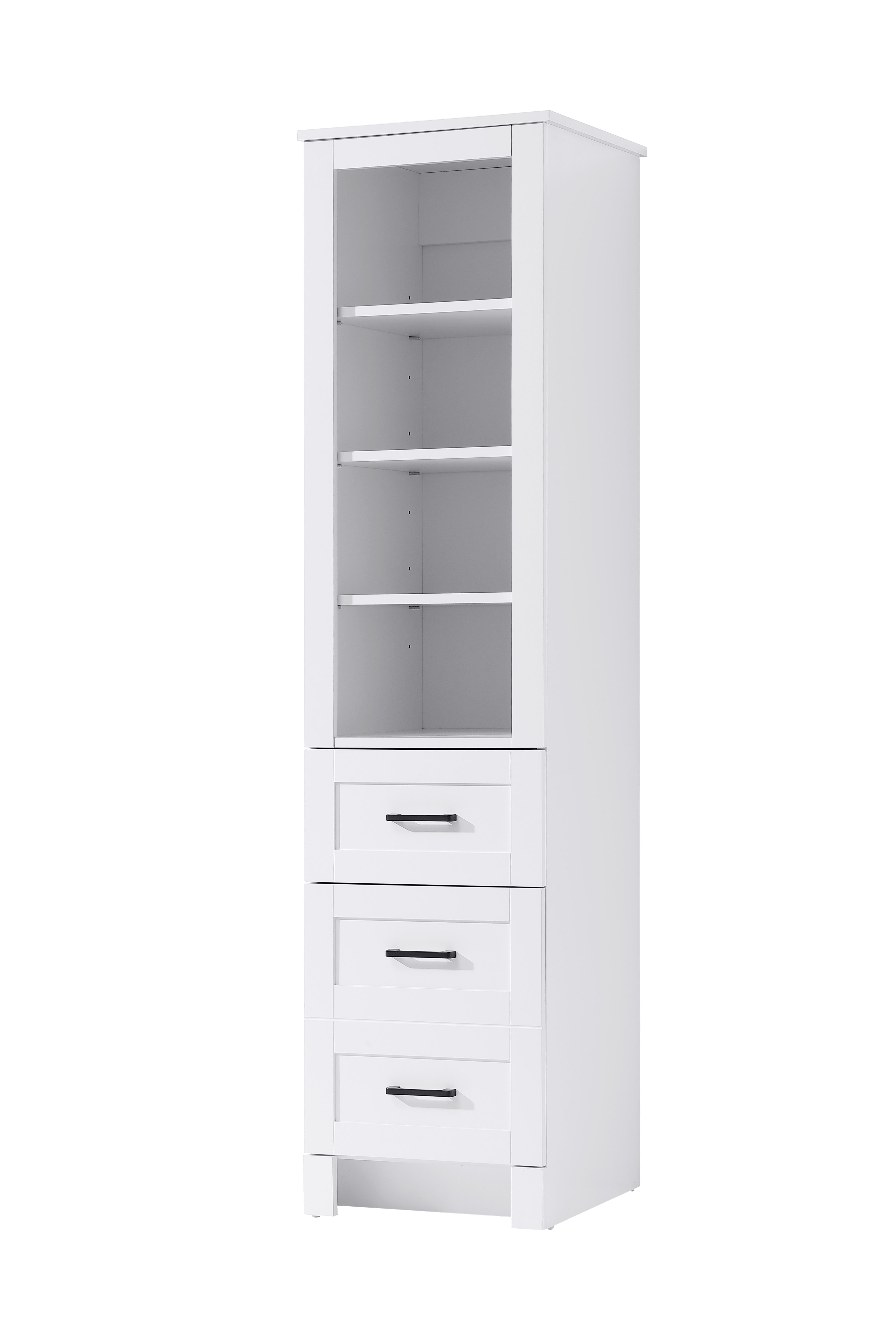 Specification Sheet
Dimensions
Length: 16"
Width: 18"
Height: 65"
Table Top Width: 16"
Specifications
Assembly Required: NO
Distressed Finish: NO
Finish (Color): White
Cabinet Material: MDF
Hardware Finish: Black
Harware Material: Metal
Product Shape: Rectangle
Product Type: Bathroom Storage Cabinet
Product Warranty: 1 year limited
108
Wire Included: No
Shipment type: LTL
Drawers
Drawers Included: YES
Number of Drawers: 2
False Drawers: NO
Drawer Width: 15.16
Drawer Depth: 12.4
Drawer Height: DW1:8.03
DW2:16.14
Drawer Handle Designs: Bar pull
Shelves
Number of Shelves: 3
Shelf Width: 13.9
Cabinets
Number of Cabinets: 1
Cabinet Interior Width: 13.9
Cabinet Interior Depth: 16.89
Cabinet Interior Height: 35.65 - alternate view