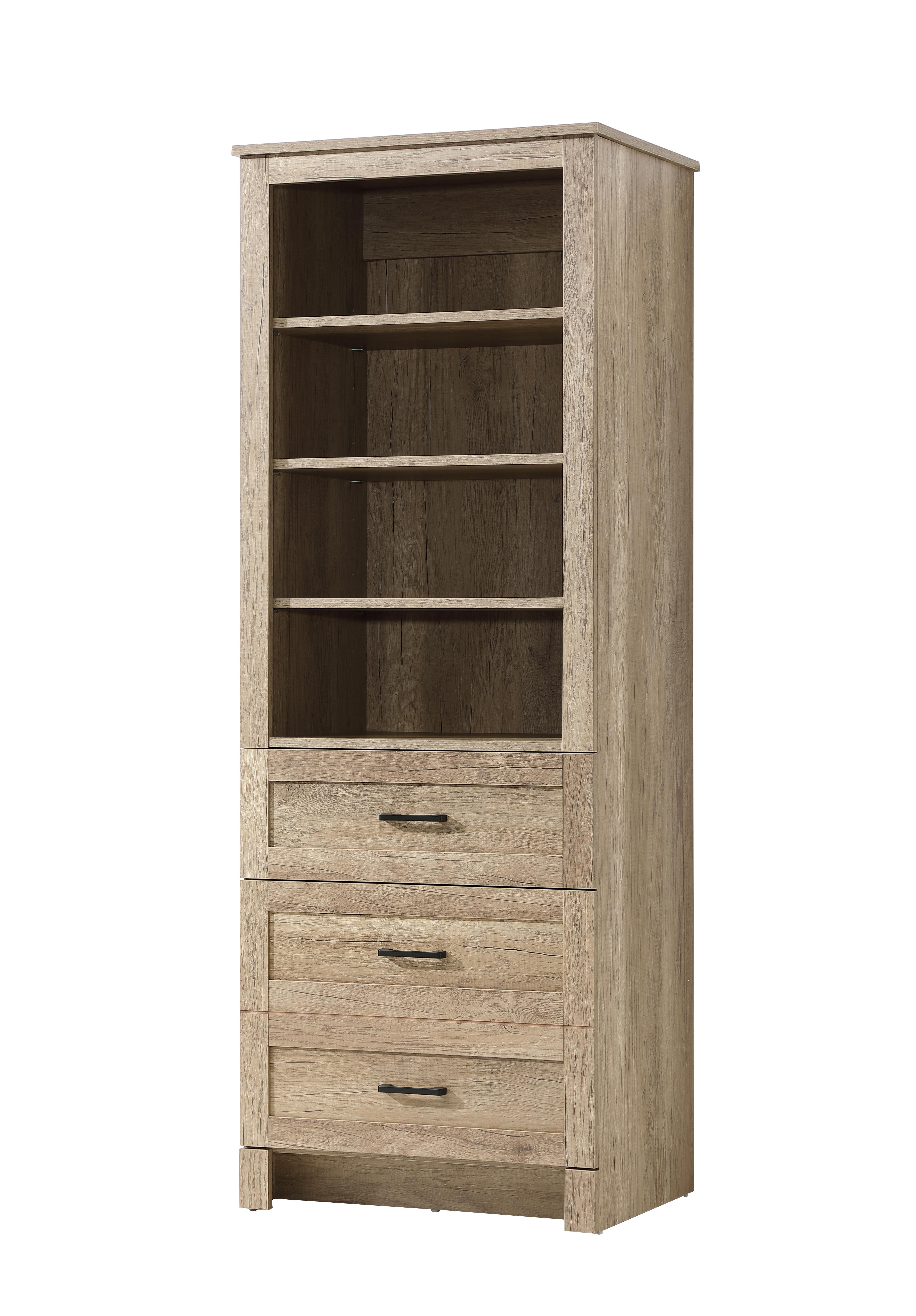 Specification Sheet
Dimensions
Length: 24"
Width: 18"
Height: 65"
Table Top Width: 24"
Specifications
Assembly Required: NO
Distressed Finish: NO
Finish (Color): Natural Oak
Cabinet Material: MDF
Hardware Finish: Black
Harware Material: Metal
Product Shape: Rectangle
Product Type: Bathroom Storage Cabinet
Product Warranty: 1 year limited
137
Wire Included: No
Shipment type: LTL
Drawers
Drawers Included: YES
Number of Drawers: 2
False Drawers: NO
Drawer Width: 23.23
Drawer Depth: 12.4
Drawer Height: DW1:8.03
DW2:16.14
Drawer Handle Designs: Bar pull
Shelves
Number of Shelves: 3
Shelf Width: 21.97
Cabinets
Number of Cabinets: 1
Cabinet Interior Width: 21.97
Cabinet Interior Depth: 16.89
Cabinet Interior Height: 35.65 - alternate view