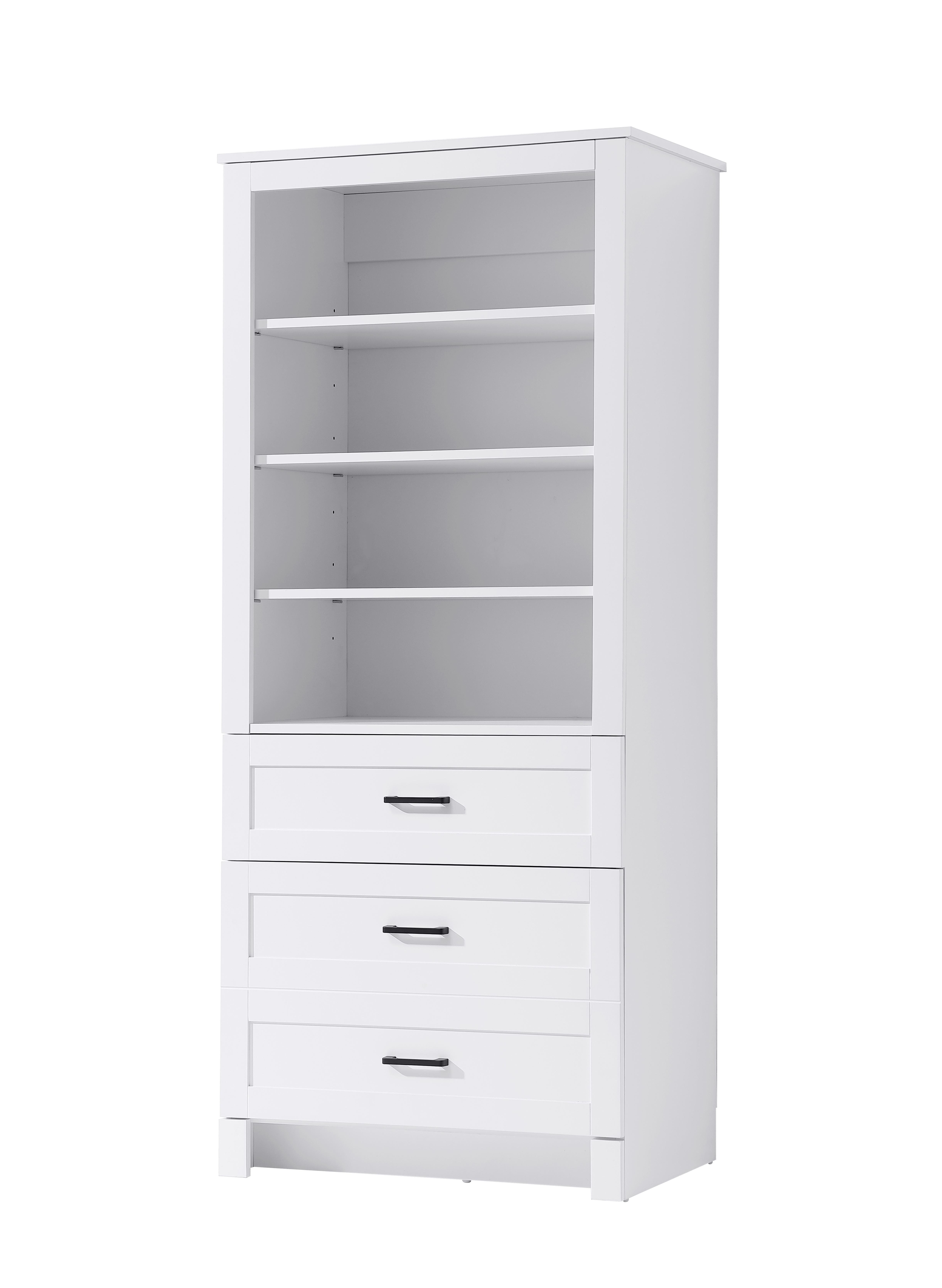 Specification Sheet
Dimensions
Length: 28"
Width: 18"
Height: 65"
Table Top Width: 28"
Specifications
Assembly Required: NO
Distressed Finish: NO
Finish (Color): White
Cabinet Material: MDF
Hardware Finish: Black
Harware Material: Metal
Product Shape: Rectangle
Product Type: Bathroom Storage Cabinet
Product Warranty: 1 year limited
151
Wire Included: No
Shipment type: LTL
Drawers
Drawers Included: YES
Number of Drawers: 2
False Drawers: NO
Drawer Width: 27.17
Drawer Depth: 12.4
Drawer Height: DW1:8.03
DW2:16.14
Drawer Handle Designs: Bar pull
Shelves
Number of Shelves: 3
Shelf Width: 25.91
Cabinets
Number of Cabinets: 1
Cabinet Interior Width: 25.91
Cabinet Interior Depth: 16.89
Cabinet Interior Height: 35.65 - alternate view