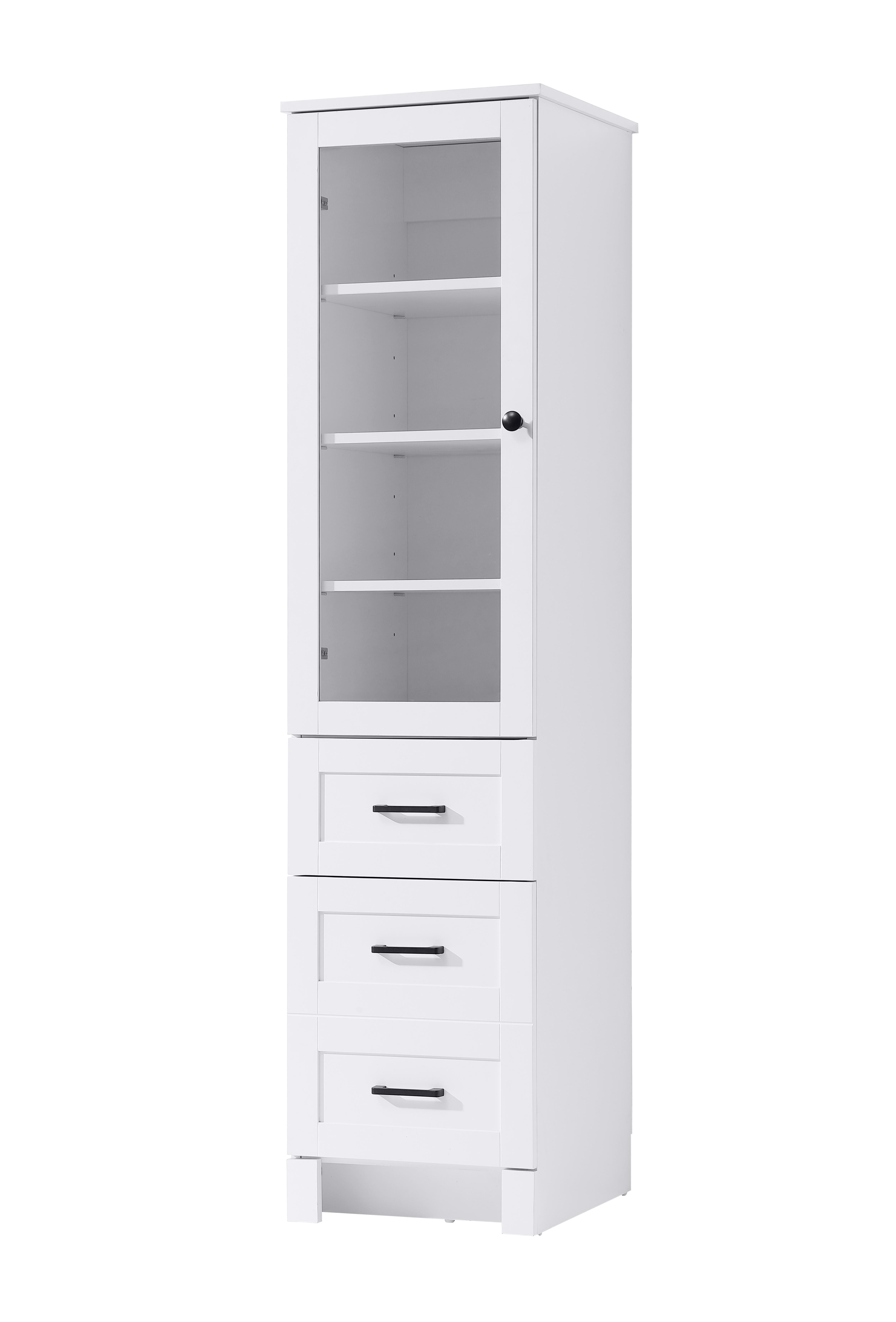 Specification Sheet
Dimensions
Length: 16"
Width: 18"
Height: 65"
Table Top Width: 16"
Specifications
Assembly Required: NO
Distressed Finish: NO
Finish (Color): White
Cabinet Material: MDF
Hardware Finish: Black
Harware Material: Metal
Product Shape: Rectangle
Product Type: Bathroom Storage Cabinet
Product Warranty: 1 year limited
114
Wire Included: No
Shipment type: LTL
Drawers
Drawers Included: YES
Number of Drawers: 2
False Drawers: NO
Drawer Width: 15.16
Drawer Depth: 12.4
Drawer Height: DW1:8.03
DW2:16.14
Drawer Handle Designs: Bar pull
Shelves
Number of Shelves: 3
Shelf Width: 13.9
Cabinets
Number of Cabinets: 1
Cabinet Interior Width: 13.9
Cabinet Interior Depth: 16.89
Cabinet Interior Height: 35.65 - alternate view
